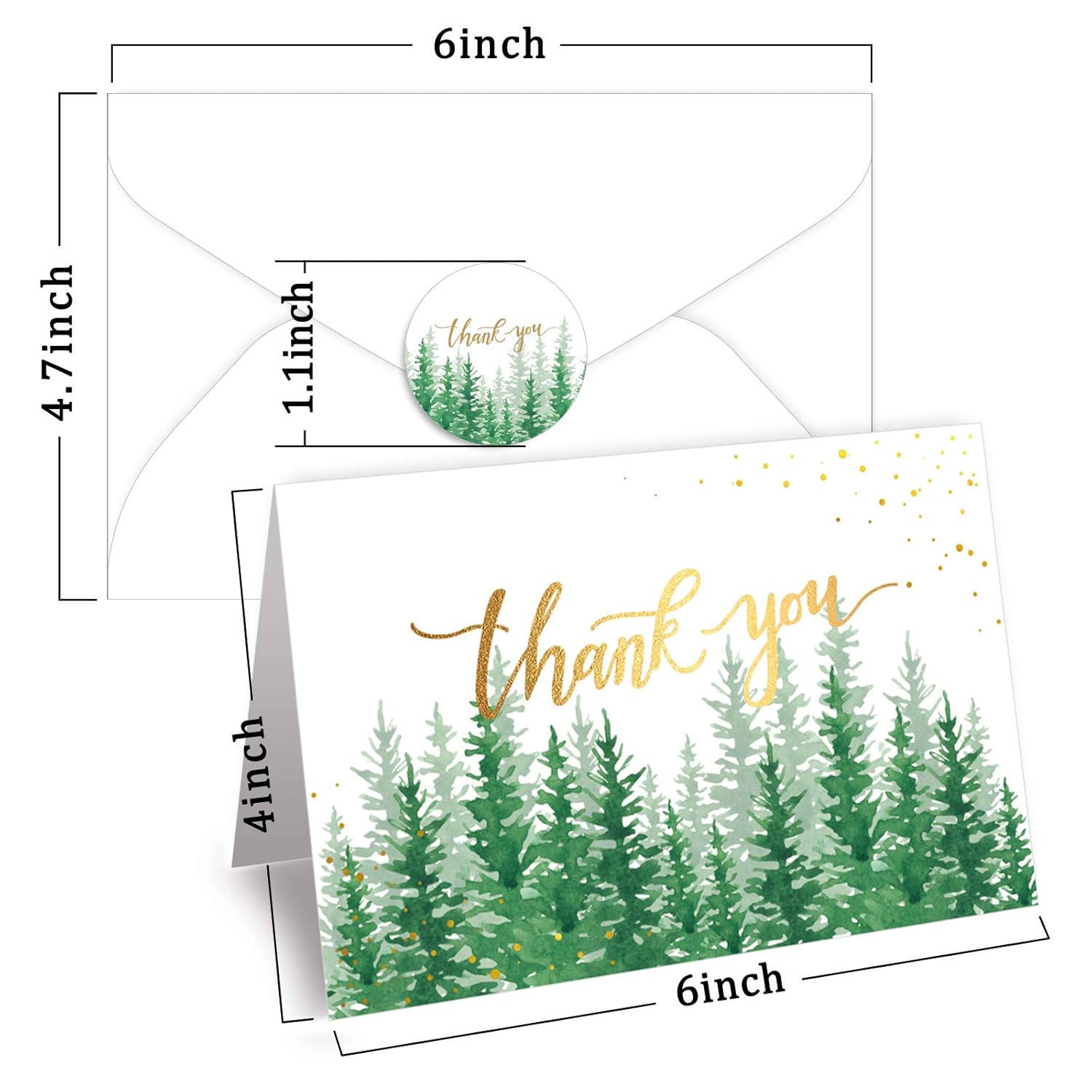 32 Pack Christmas Forest Thank You Cards With Envelopes & Stickers Green Woodland Watercolor Blank Gift Card Xmas Holiday Cards For Wedding Baby Shower Birthday, 4 X 6 Inch