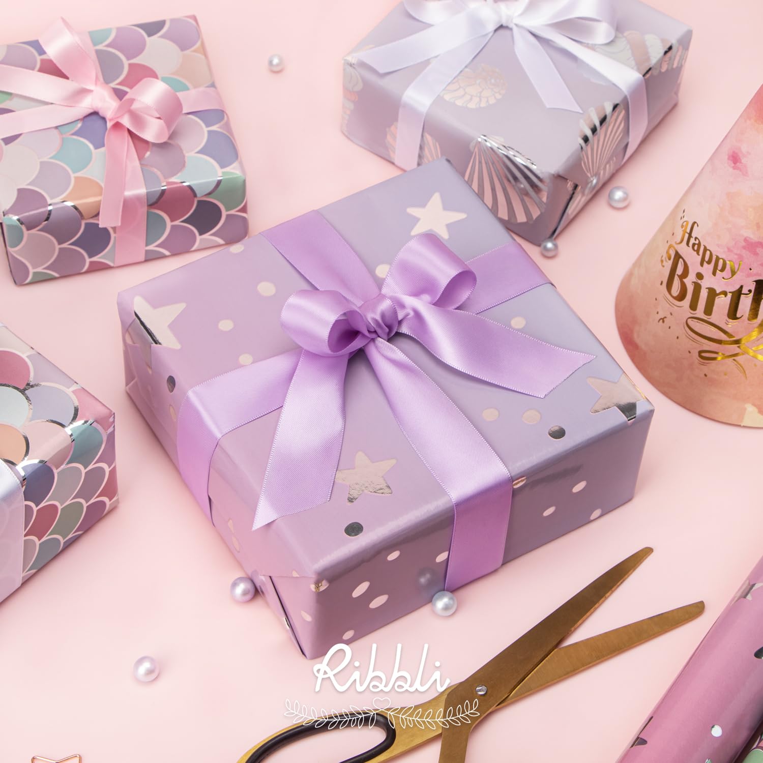 Mermaid Scale Scallop Birthday Wrapping Paper 3 Rolls Pink And Lavender Purple Mermaid Wrapping Paper For Girls- Mini Roll 17 Inch X 120 Inch(10Feet) Per Roll