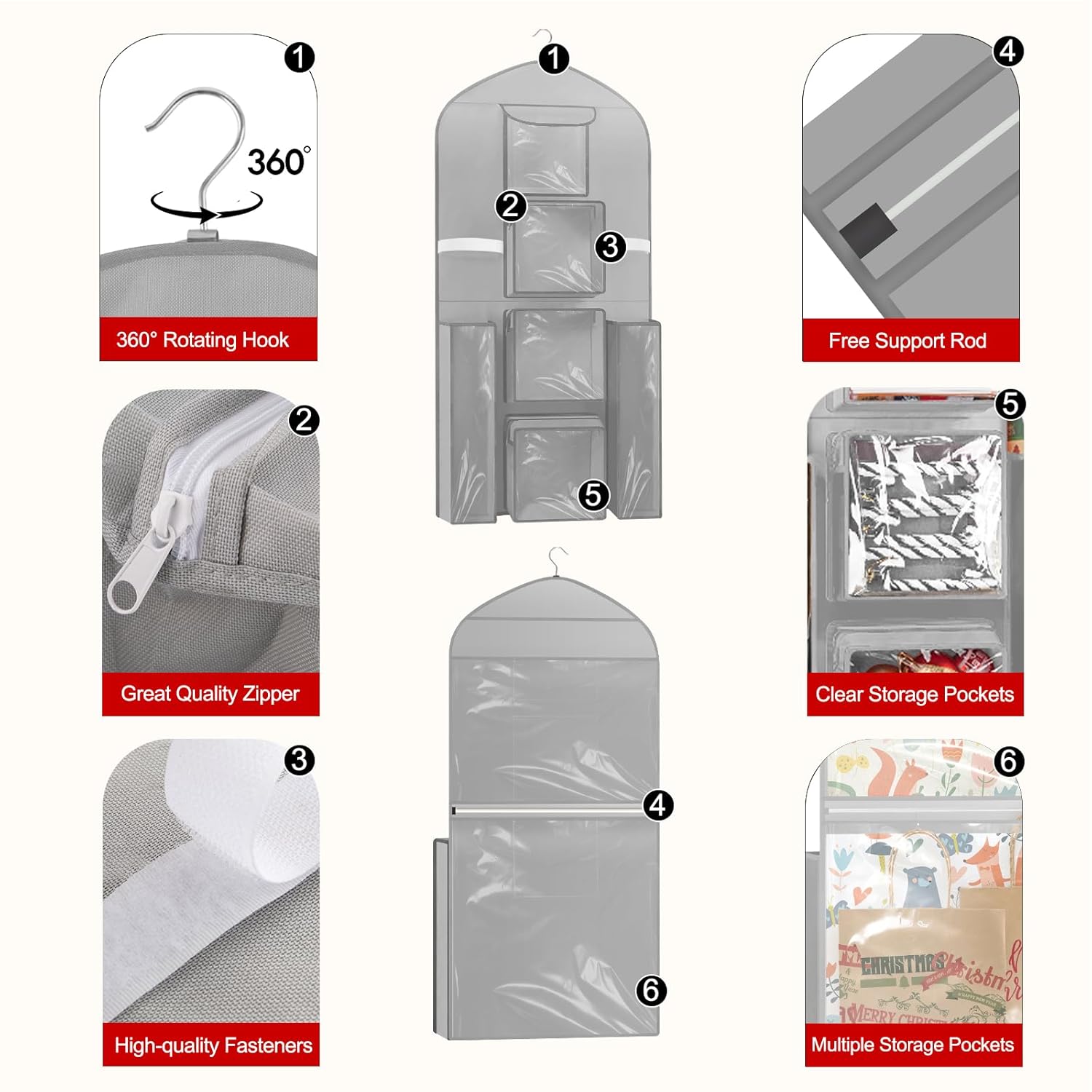 Hanging Gift Wrapping Paper Storage, 48X24 (Extra Large) Grey Double-Sided Christmas Wrapper Bag Container, Oxford Long Craft Roll Organizer, Present Wrap Holder For Closet, Door
