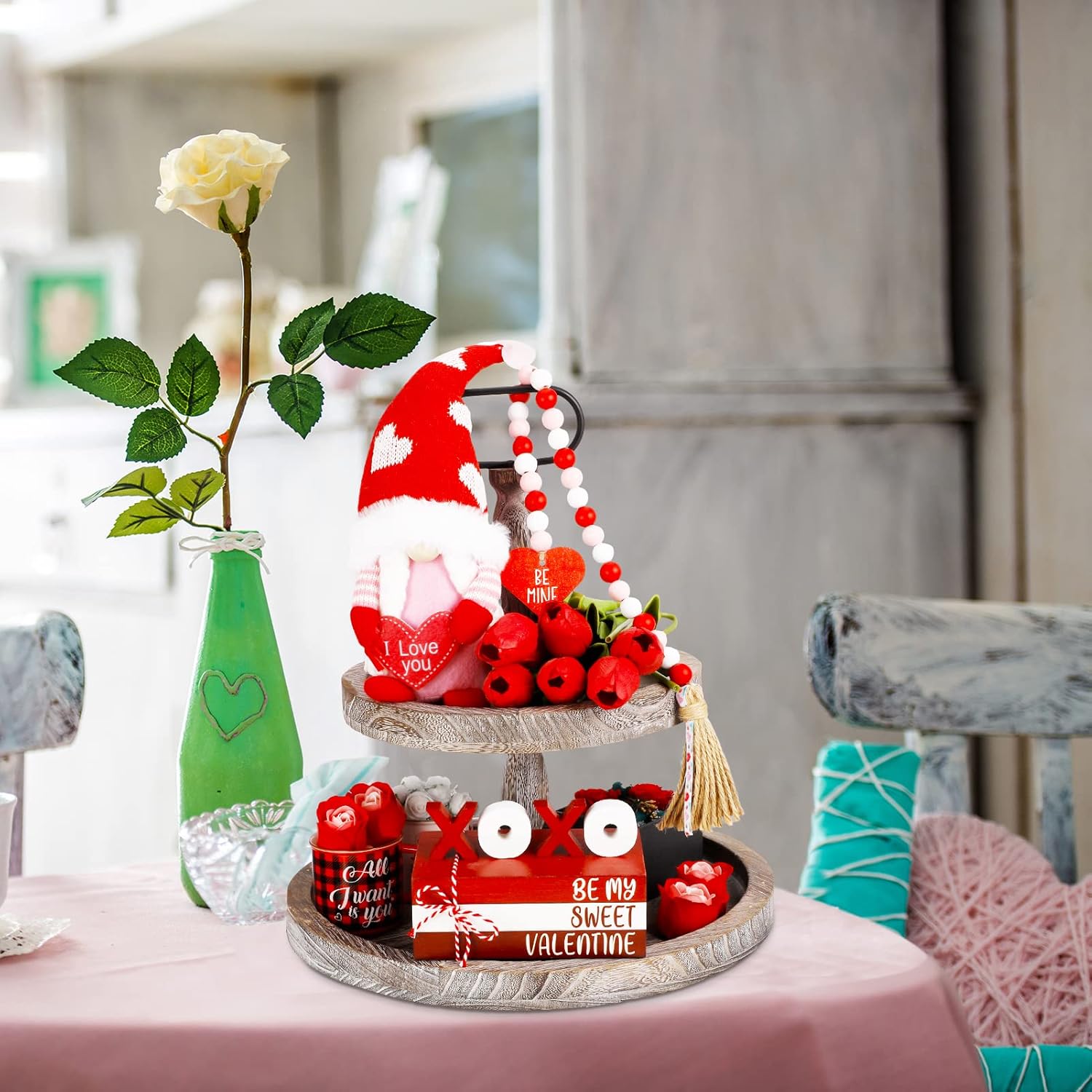 2 Pcs Red Tiered Tray Decor Bundle, Rustic Wood Decorative Book Stack,Be My Sweet Valentine Love Table Sign With Twine For Farmhouse Shelf Home Tiered Tray Decor(Red)