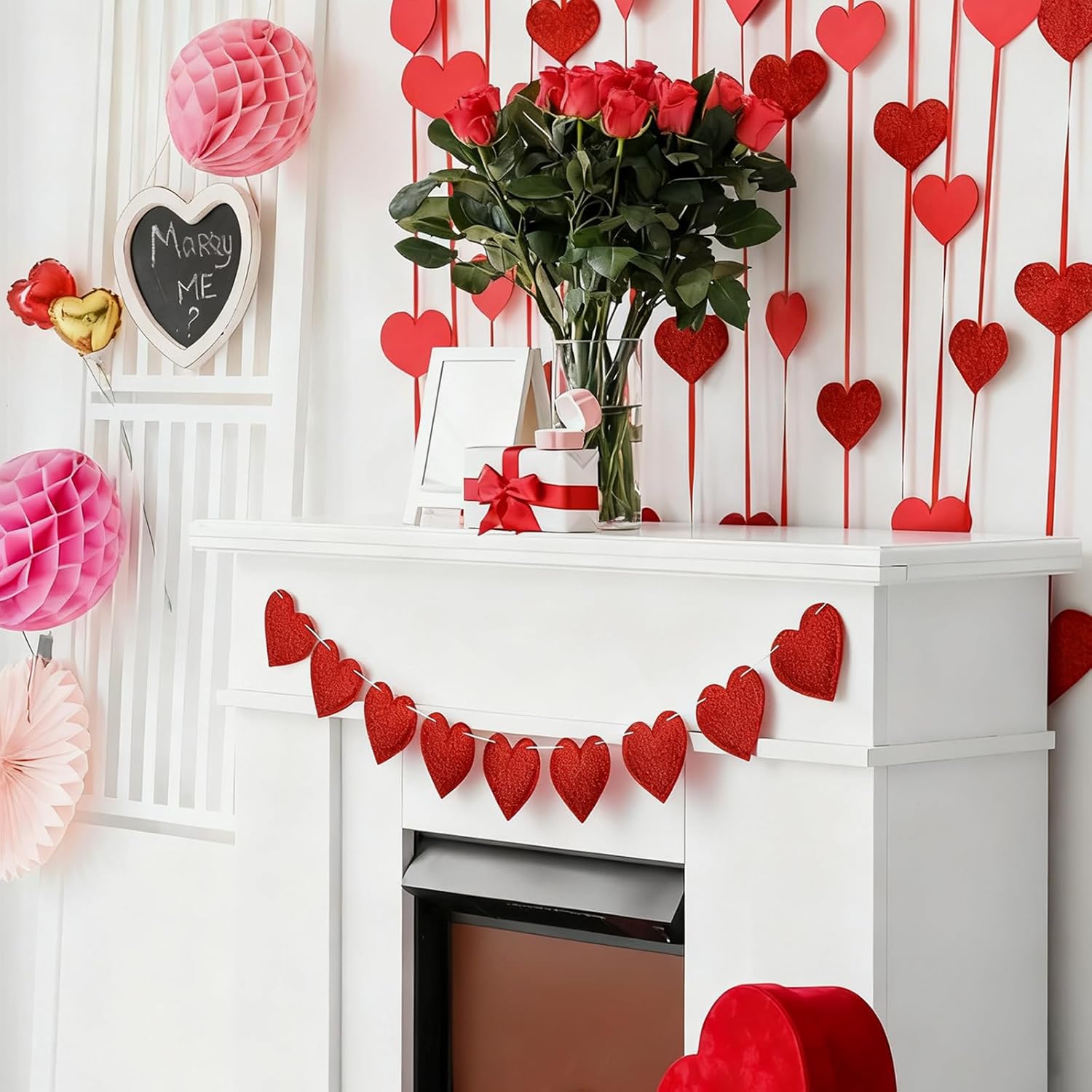 Valentine'S Day Glitter Felt Heart Banner Red Heart Garland Banners Hanging Garland Decorations For Anniversary Wedding Birthday Party Bachelorette Engagement