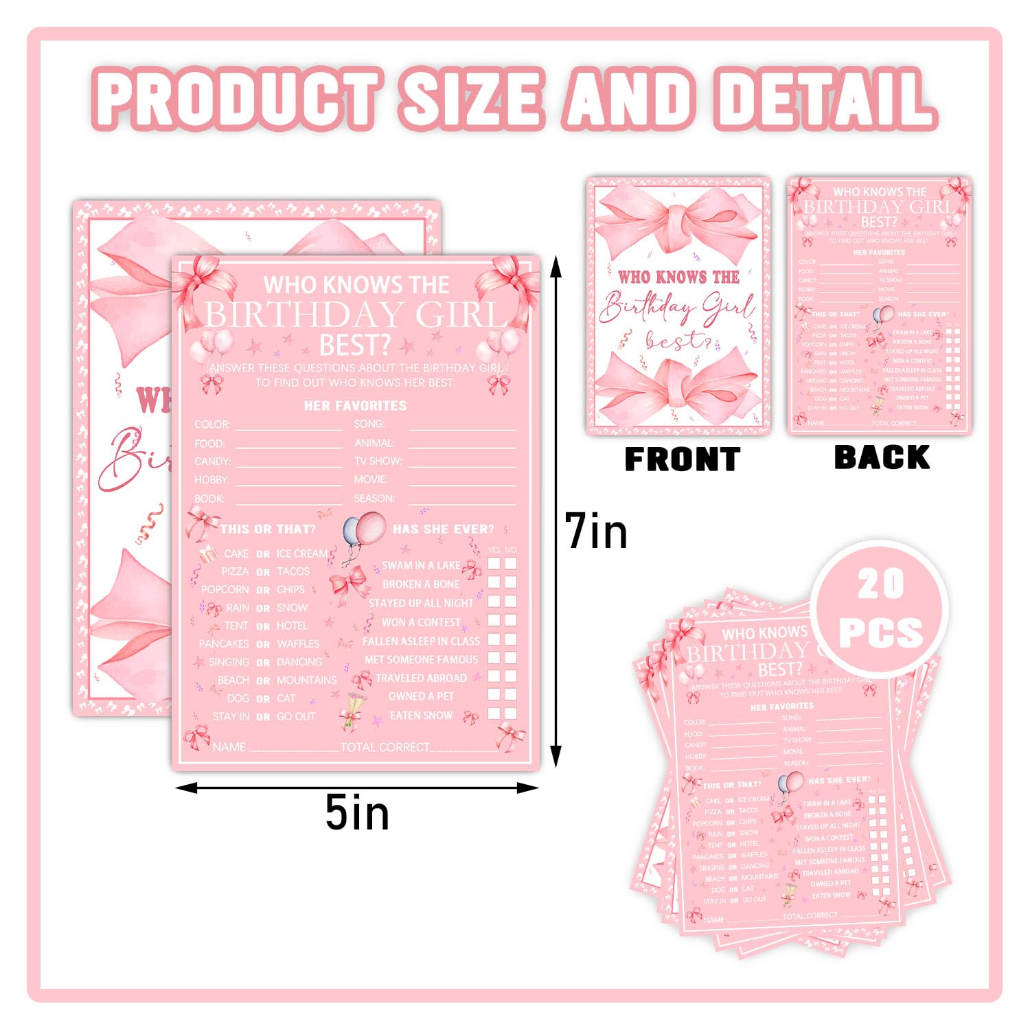 Who Knows The Birthday Girl Best, Pink Birthday Party Games For Girls, Birthday Party Games, Party Activity And Idea For The Card Game - 20 Game Cards