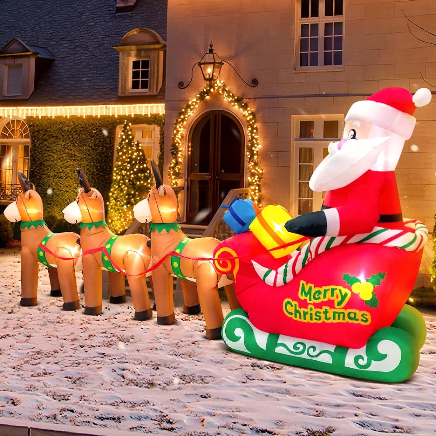 12Ft Christmas Inflatables Santa Claus On Sleigh With Reindeer Deer Merry Christmas Blow Up Yard Décor Led Light For Xma