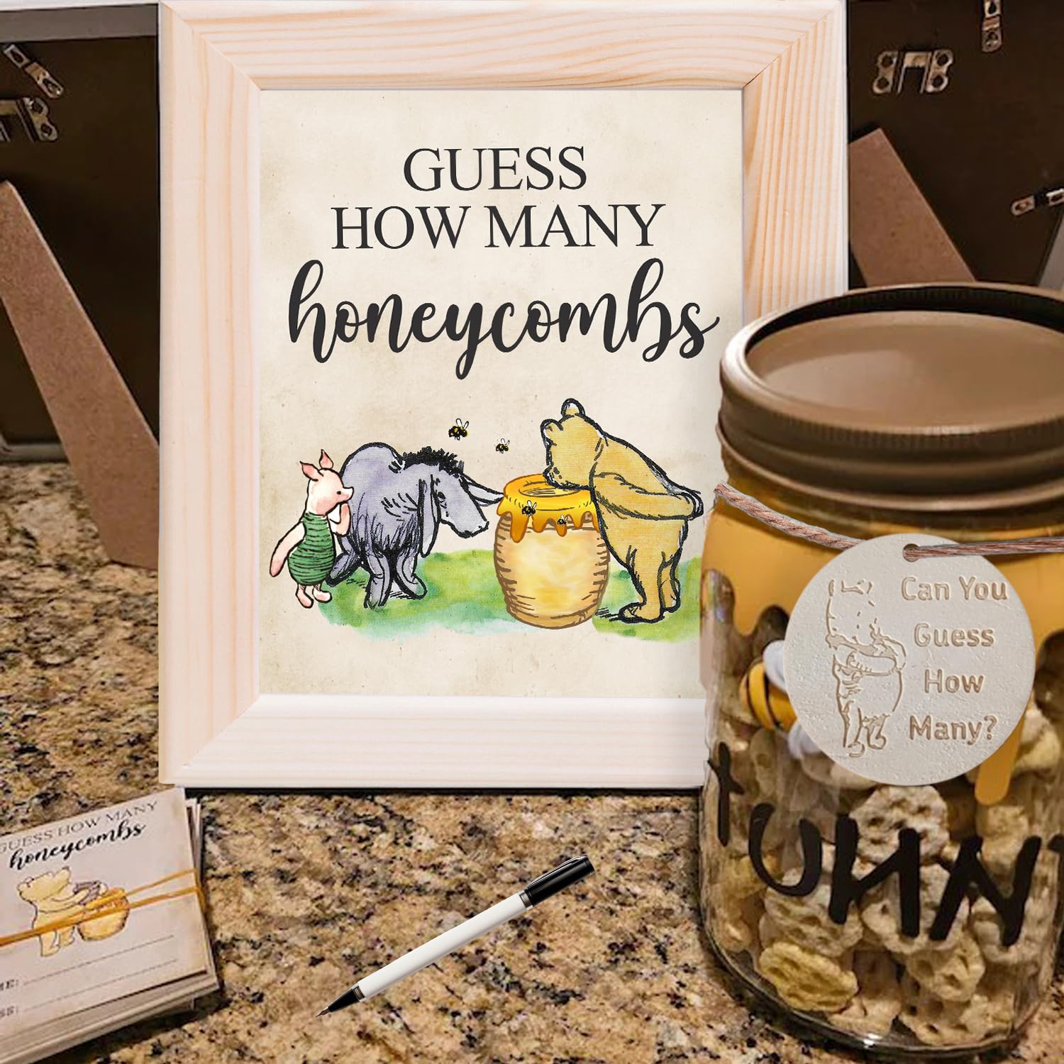 Classic The Winnie Bear Guess How Many Honeycombs Game- Perfect For Baby Showers, Newborn Parties & Birthdays Decorations | Wood Frame + Sign + Guest Game Card - 40 Pcs Set