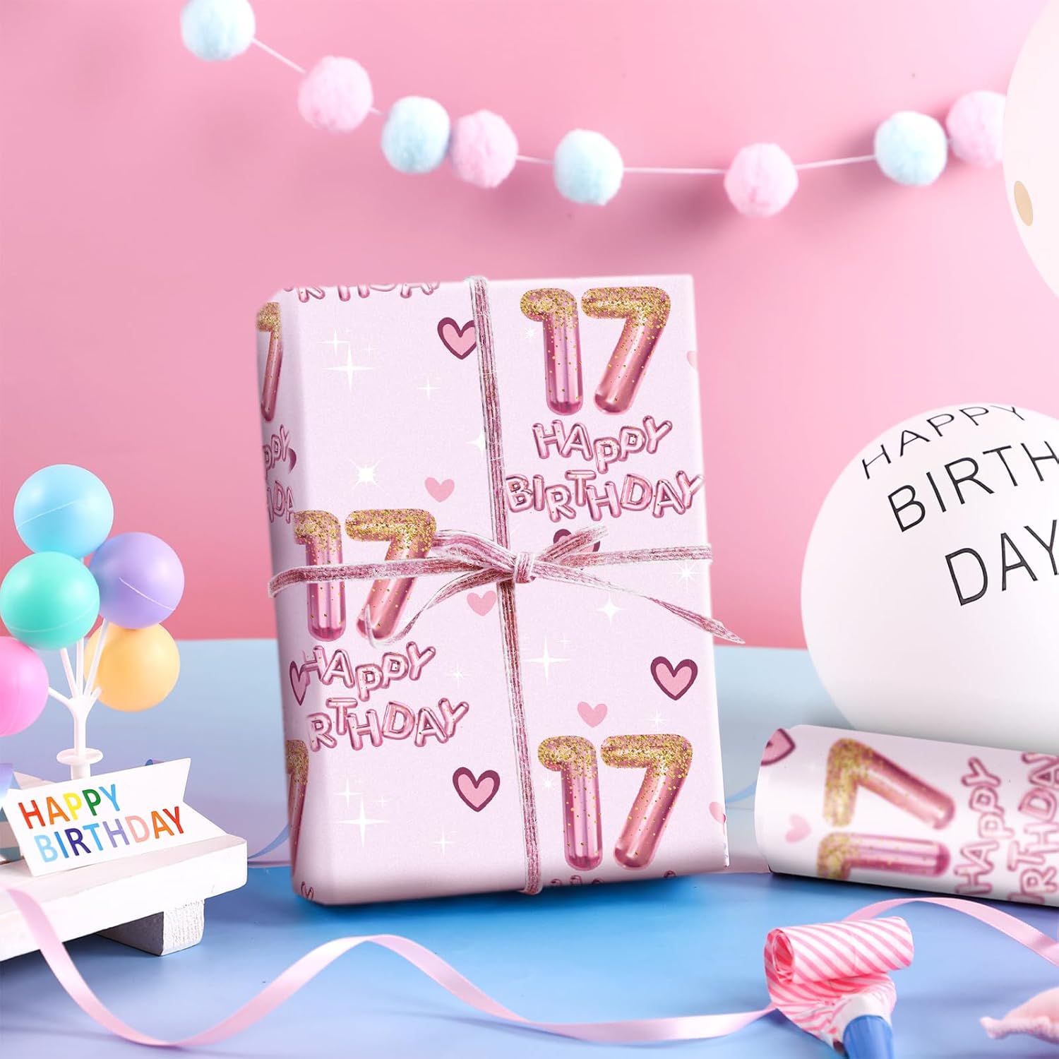 17Th Wrapping Paper Birthday Girl, Hearts And Pink Number 17 Balloons Happy Birthday Design, 17 Years Old, Mini Roll, 17 Inches X 16.4 Feet, Perfect For Girls' Birthday Party Gifts