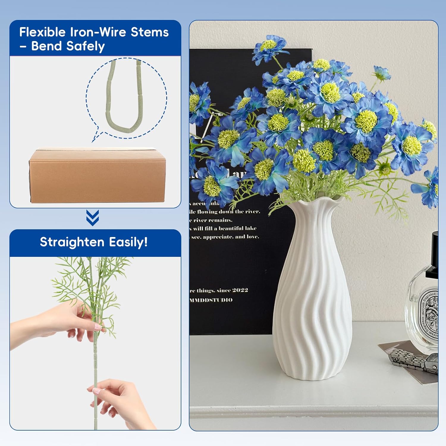 Artificial Scabiosa Flowers Long Stems, Realistic Silk Flowers Arrangement Fake Flowers Summer Bouquet For Home Decor Pack Of 4 (Blue)