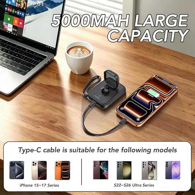 5000mAh Portable Power Bank with Built In USB C Cable Fast Charging Battery Pack for iPhone Galaxy