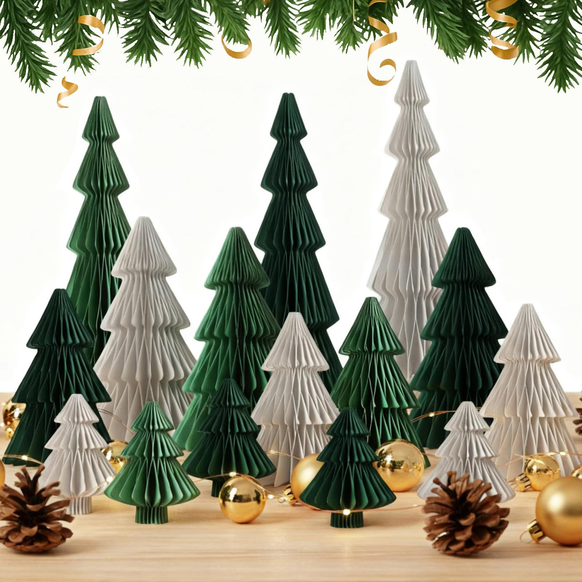 15Pcs Honeycomb Paper Christmas Tree, Dark Green Light Green Gray