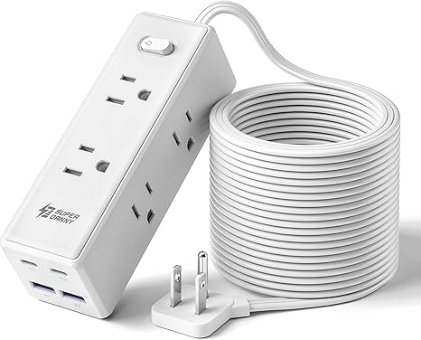 Surge Protector Power Strip 6 Outlets 4 USB Ports 2 USB C 15FT Flat Plug Extension Cord White