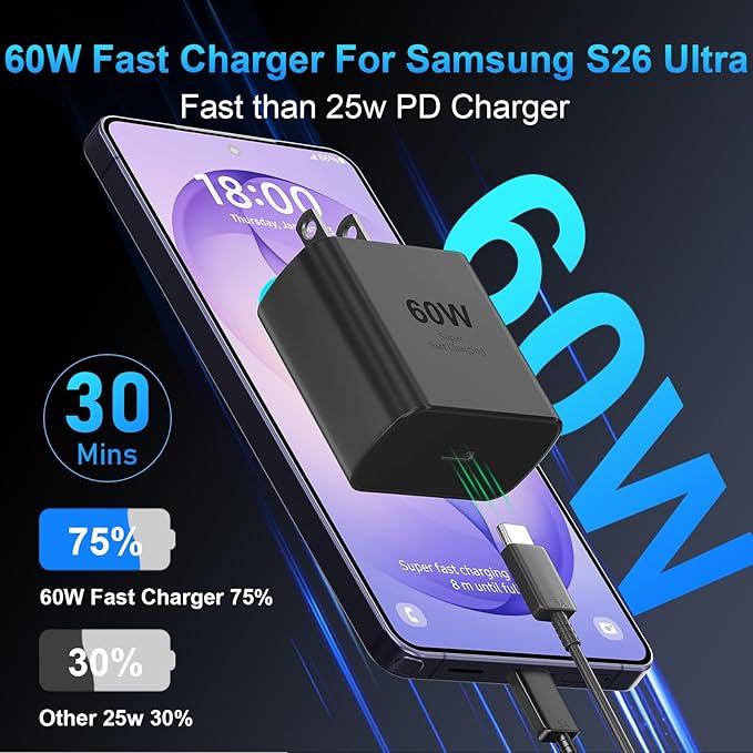60W USB C Super Fast Charger with 10FT USB C Cable for Samsung Galaxy S26 S25 S24 S23 S22