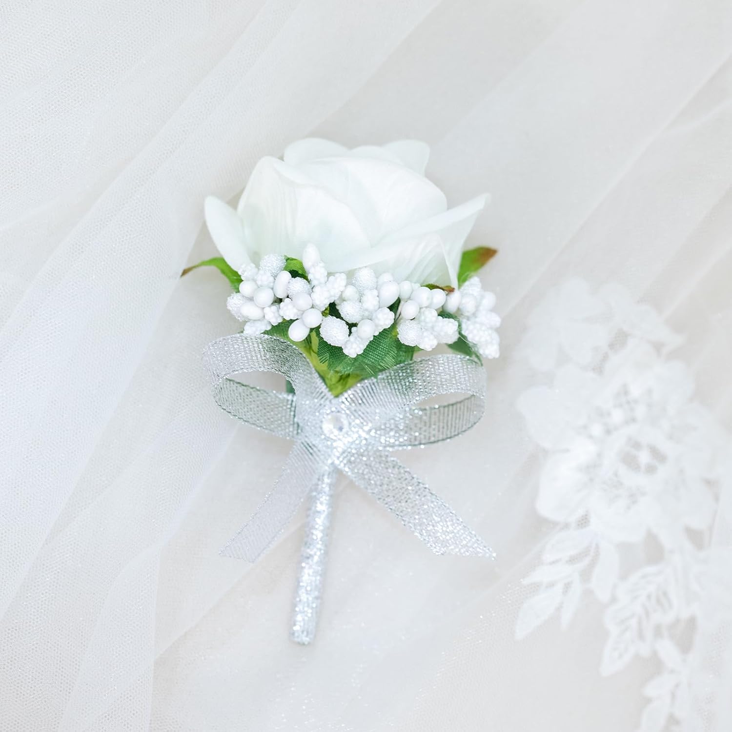 2Pcs White Rose Corsage And Boutonniere Set, Corsage Wristlet Band For Prom Decorations, Artificial Boutonniere For Men Wedding Party Suit Flower Accessories