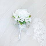 2Pcs White Rose Corsage And Boutonniere Set, Corsage Wristlet Band For Prom Decorations, Artificial Boutonniere For Men Wedding Party Suit Flower Accessories
