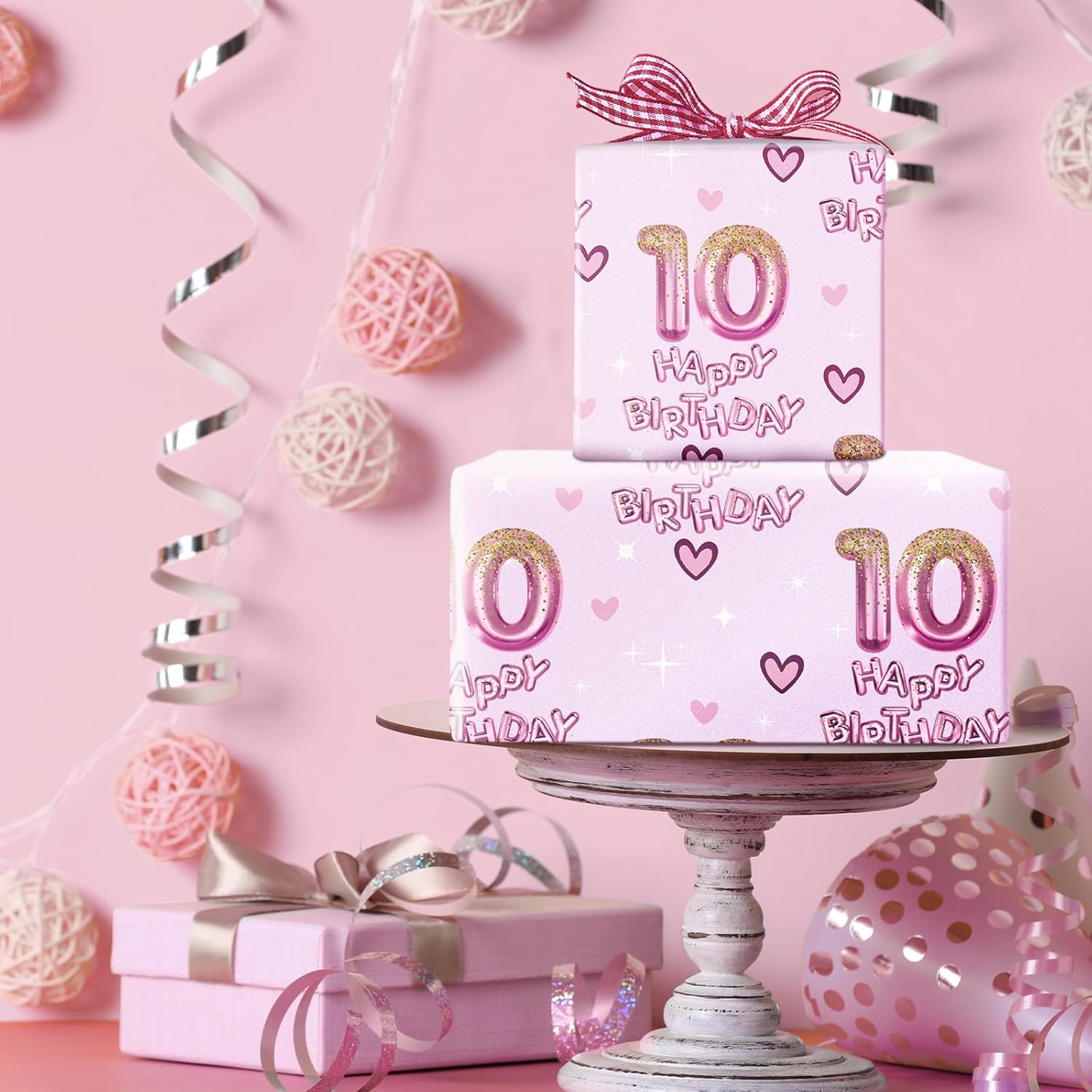 10Th Birthday Wrapping Paper Girls, Hearts And Pink Number 10 Balloons Happy Birthday Design, 10 Years Old, Mini Roll, 17 Inches X 16.4 Feet, Perfect For Girls' Birthday Party Gifts