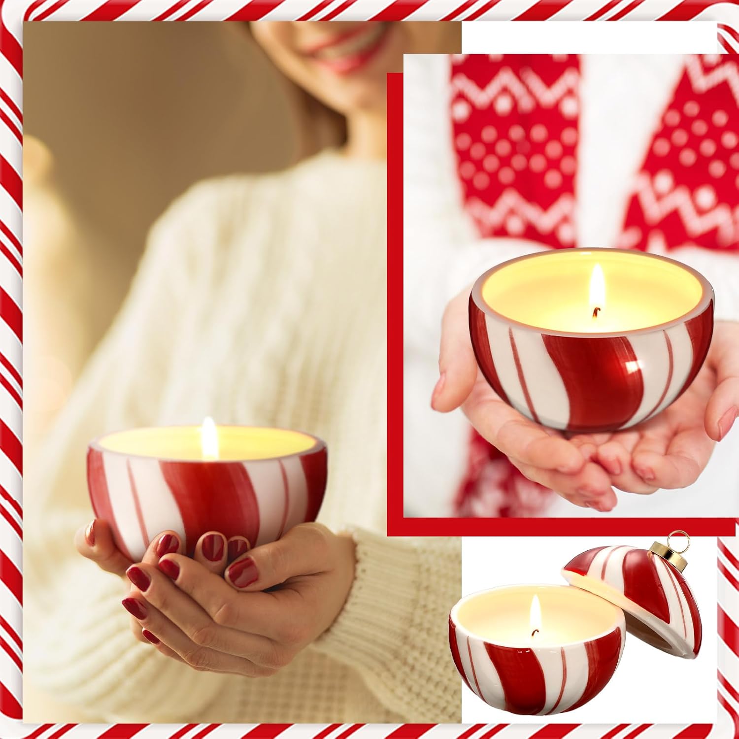 4 Pcs Christmas Candy Cane Stripe Candles 3.5" Unscented Red And White Stripe Christmas Candle With Ceramic Jar Xmas Table Decorations For Winter Home Party Supplies Gift, Burning 10-13 Hour