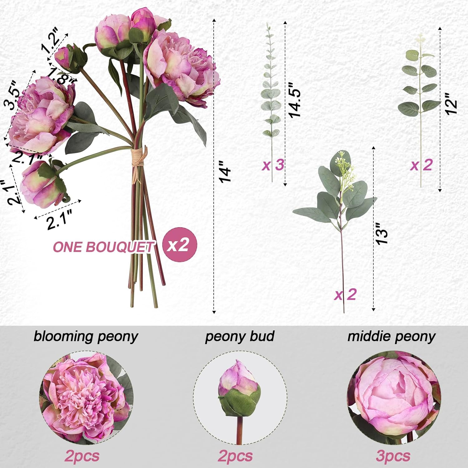 Purple Peonies Artificial Flowers 21Pcs Fake Silk Peonies With Eucalyptus & Stems - Faux Flowers Centerpieces For Table Vase Home Bouquet Cemetery Grave Headstone Floral Arranging Crafting Decorations