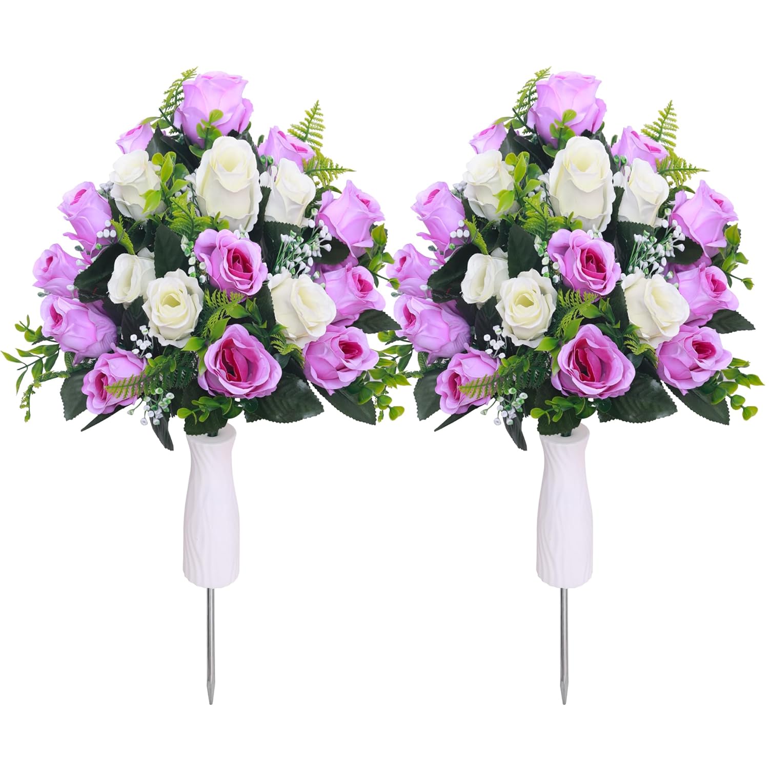 Artificial Cemetery Flowers,Set Of 2 Grave Decorations Roses, Tombstone Memorial Bouquet With Vase For Grave Arrangementss (2, White & Purple)