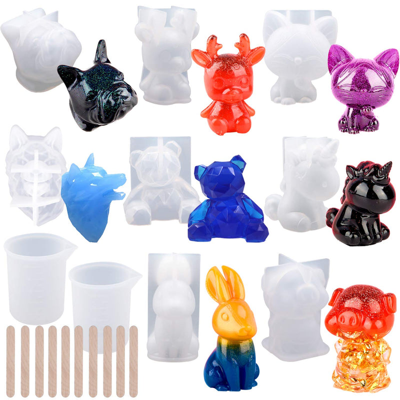 20Pcs 3D Animal Resin Molds Tools Set Includes 8 Resin Casting Molds Large Clear Epoxy Silicone Molds 2 Measurement Cup 10 Wood Sticks For Resin Craft Diy