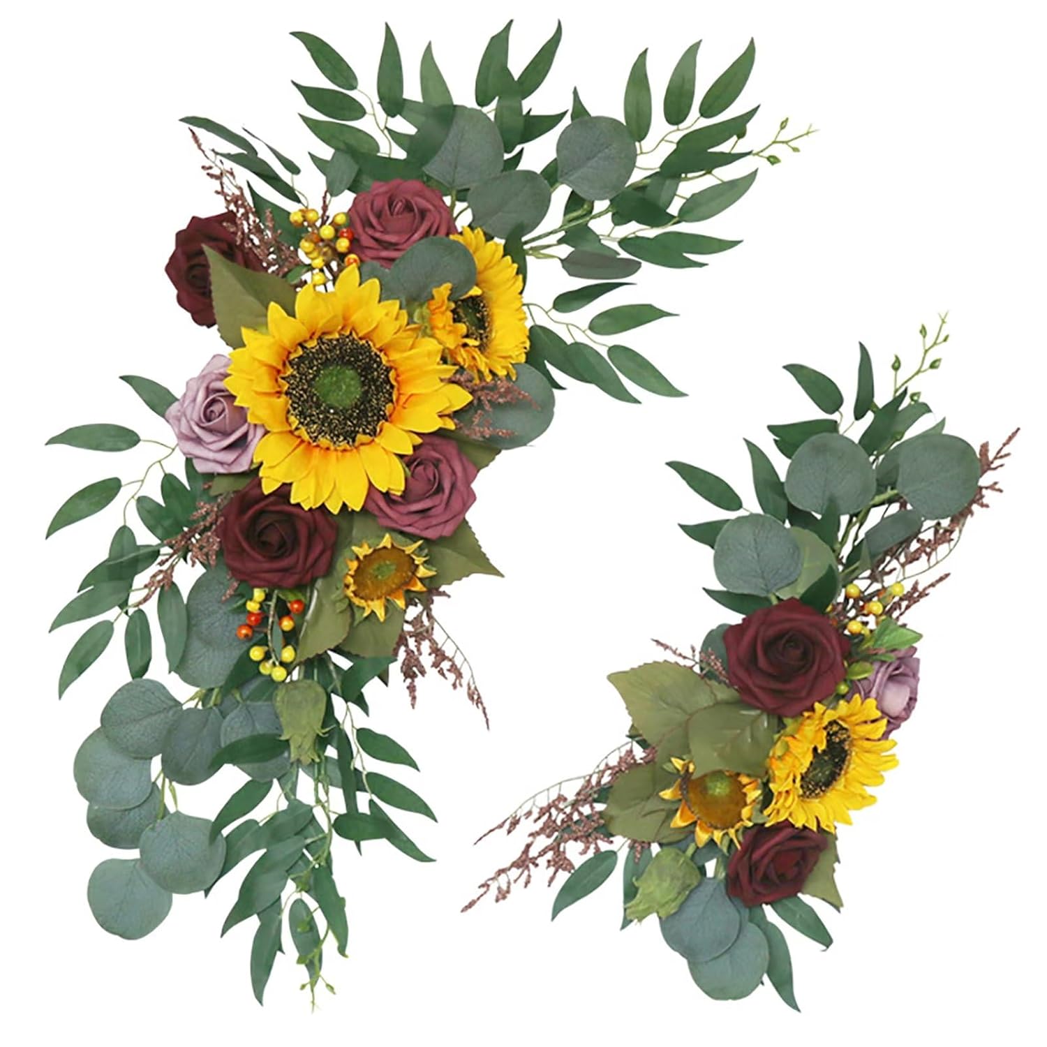 Sunflower Arch Flowers Pack Of 2, Artificial Sunflower Burgundy Rose Floral Swag Wedding Arch Flowers Arrangement For Wedding Reception Backdrop Decoration