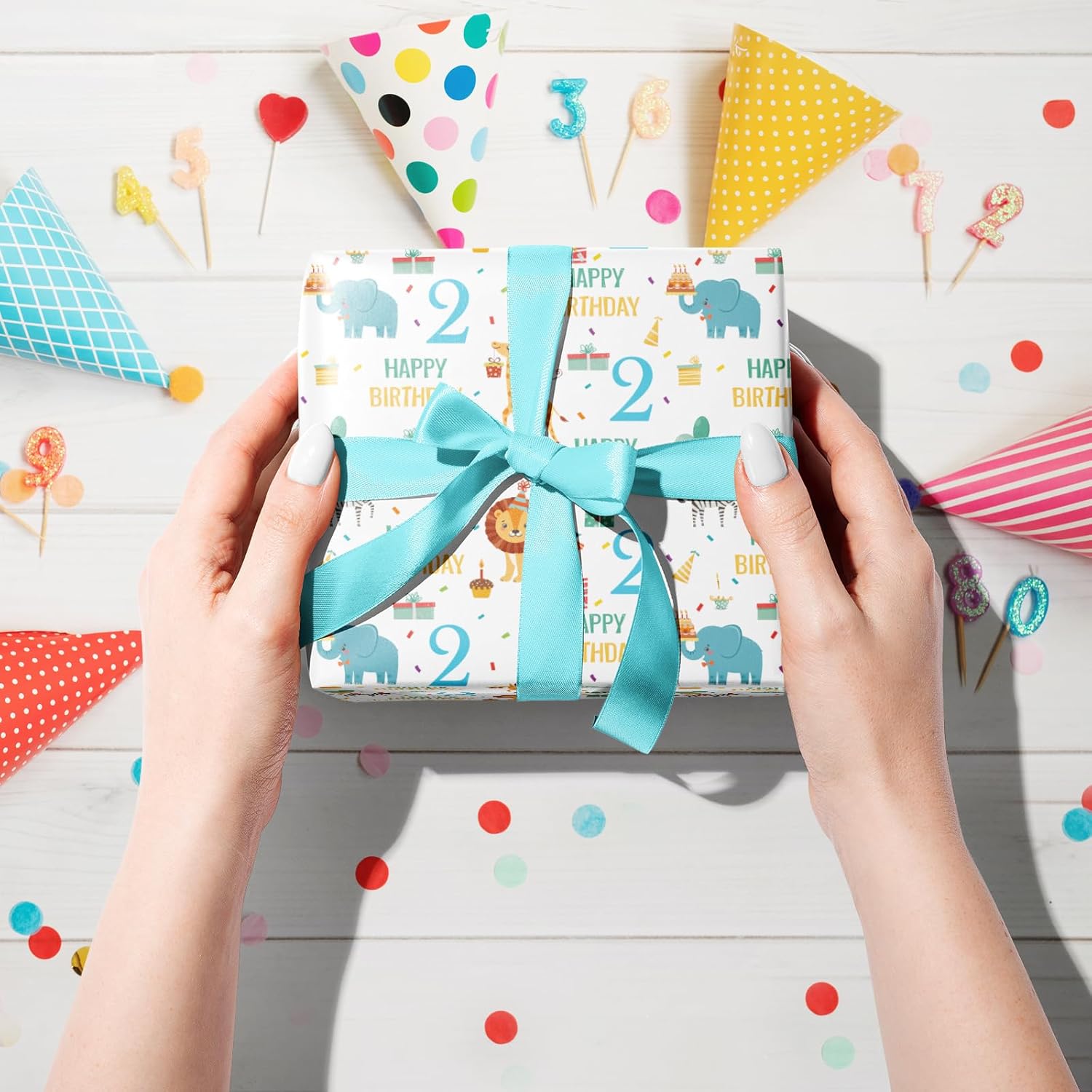 2Nd Birthday Wrapping Paper Roll - Blue Happy Birthday With Cute Animal Design For Age2 Baby Boy, Party, Baby Shower - Mini Roll - 17 Inches X 16.4 Feet (23.2 Sq.Ft.)