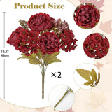 2 Bundles Artificial Fall Flowers Bouquet 18.8" Red Peony Hydrangea Fake Fall Floral Silk Flowers Autumn Faux Flower Arrangement For Home Wedding Table Centerpieces Thanksgiving Party Decor