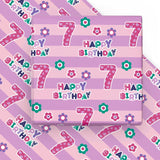7Th Birthday Wrapping Paper Sheet - 6 Sheets Pink Happy Birthday With Floral Design Folded Flat For Bday, Party, Baby Showers - 19.7 Inch X 27.5 Inch Per Sheet
