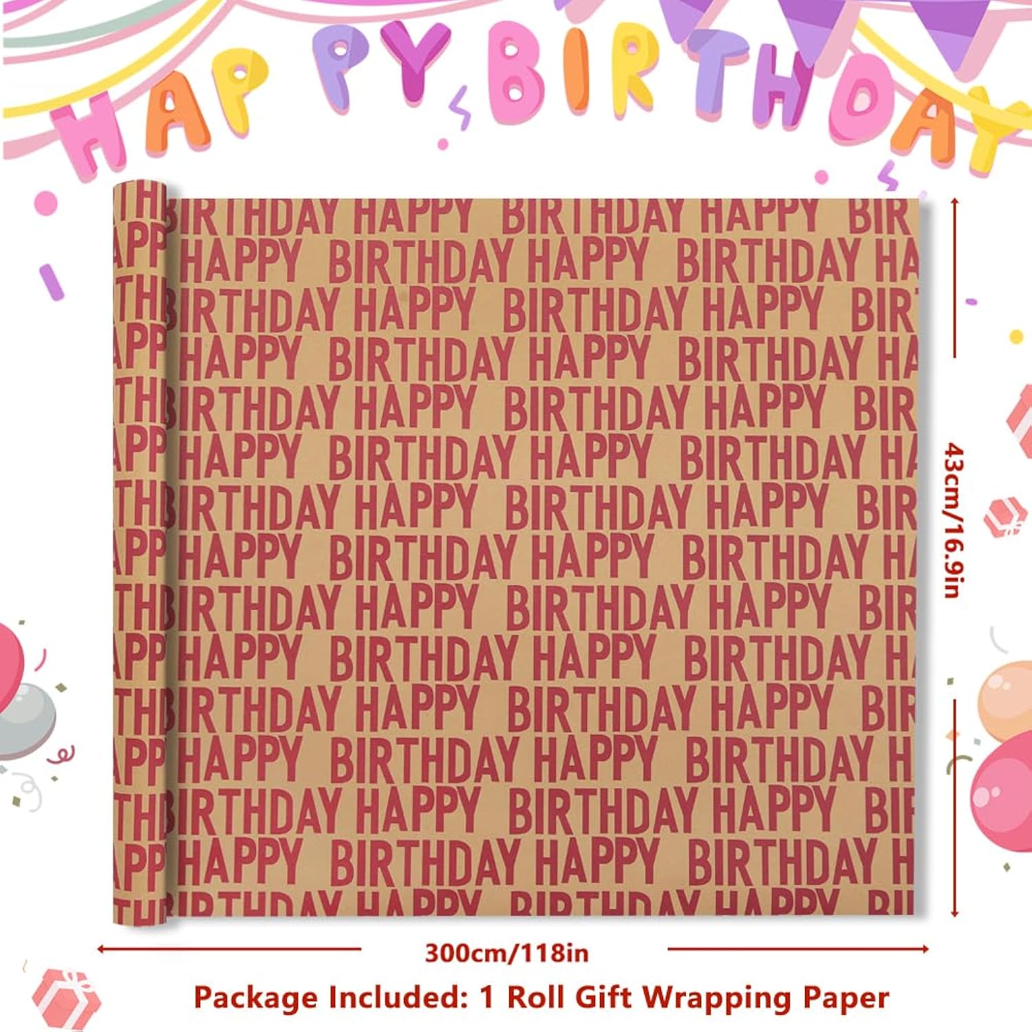 Minimal Raspberry Red Large Happy Birthday Repeating Script Wrapping Paper For Men Women Boys Girls Kids- 1 Mini Roll 17 X 10 Ft Per Roll 14.1 Sq.Ft.Ttl - Brown Recycled Kraft Gift Wrap For Baby Shower Daddy Men All Birthday Occasions