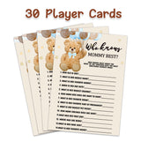 Baby Shower Game Cards, Bear Theme Who Knows Mommy Best Game Card For Baby Shower Party, Funny And Easy Icebreaker Gender Reveal Party Games Ideas Activity For Parent-To-Be, 30 Double Print Cards