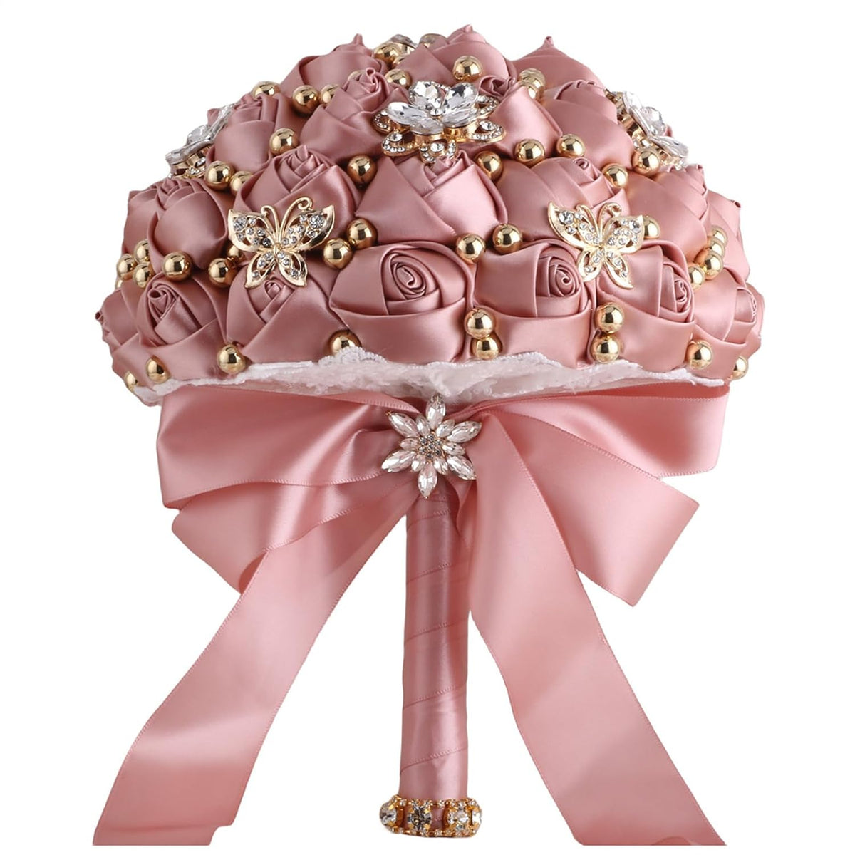 Bridal Wedding Bouquet For Bride Bridesmaid Wedding Quinceanera Throw Toss Artificial Rose Flower Bunch With Bling Brooch (66#Darkpink, Mini (Dia. 6.3"/16Cm))