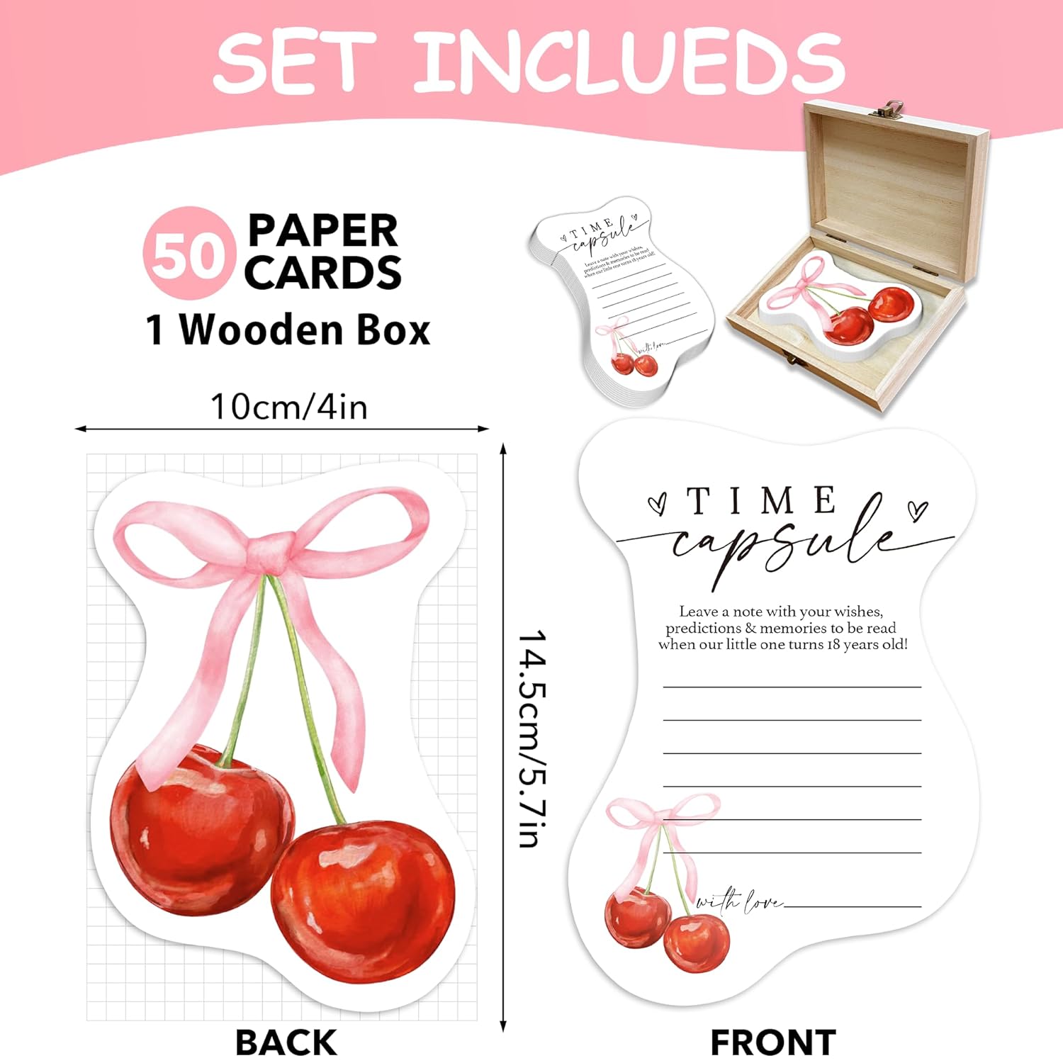 Baby Time Capsule Box 1St Birthday - Time Capsul For First Birthday Party Games, Guest Messages & Milestone Memories For Baby Boy Or Girl, 50 Pcs Bow Cherry Theme Cards -A02