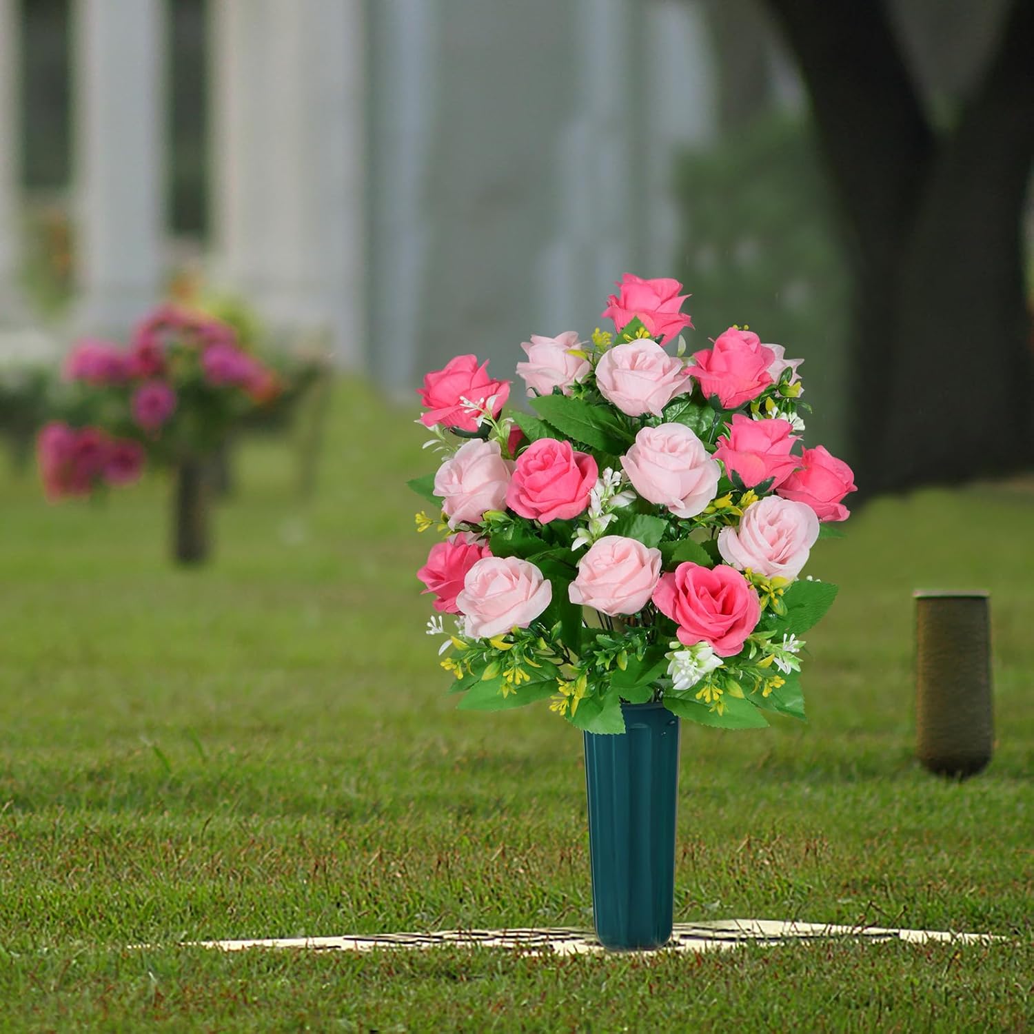 Artificial Cemetery Flowers With Vase, Headstone Flowers Rose Bouquet, Graveyard Memorial Flowers For Grave Arrangements Set Of 2 (Pink)