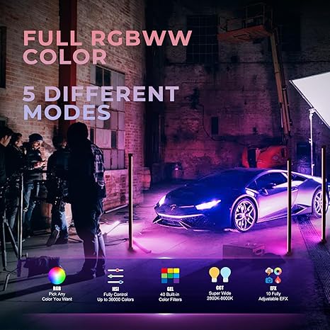 TLX4C 4FT RGB Tube Light Full Color RGBWW LED Video Light Stick with App DMX Control
