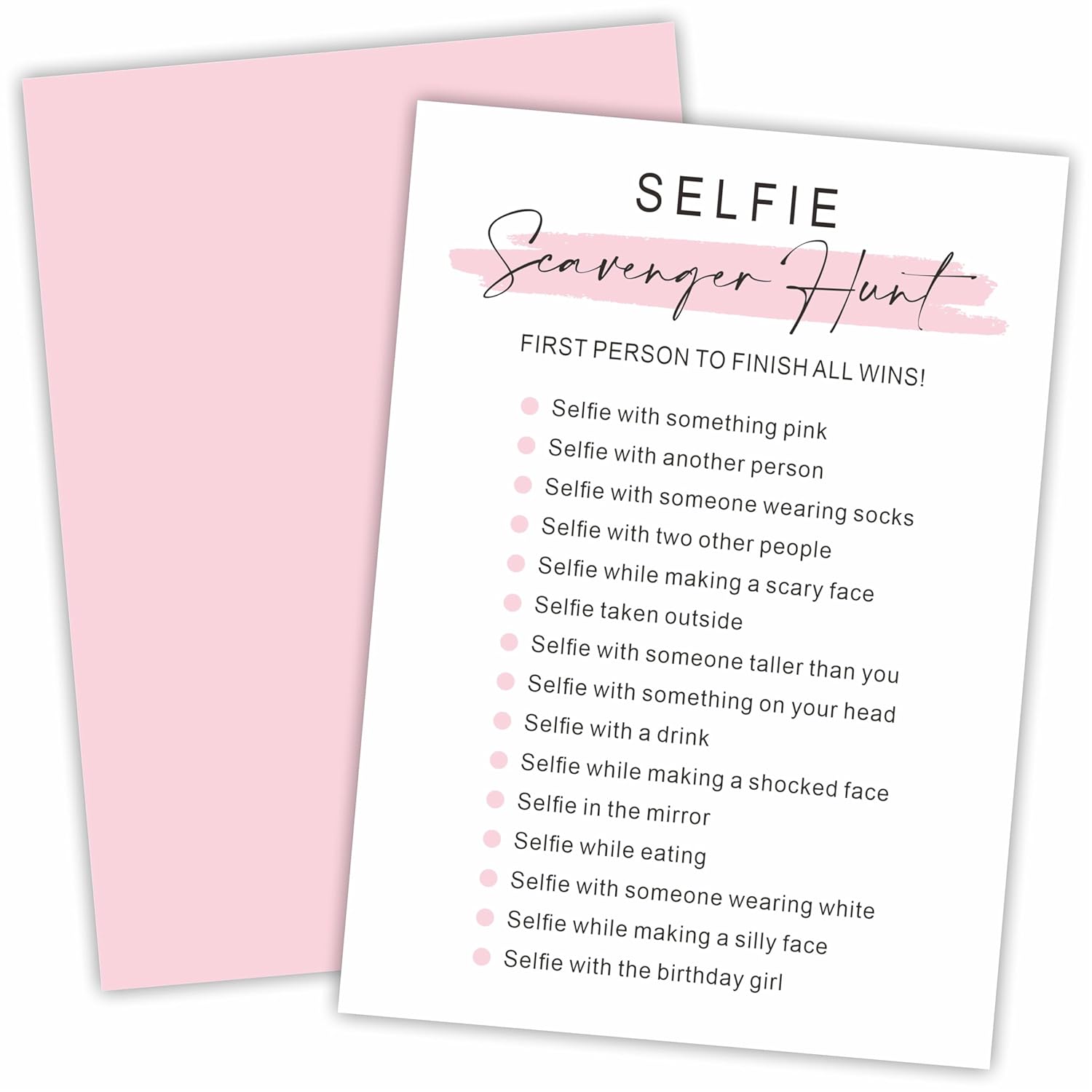 Minimalism Birthday Party Game Cards - Selfie Scavenger Hunt - 20 Blush Double-Sided Fill In Style Funny Birthday Party Game Cards For Adults, Party Supplies & Activities - A02