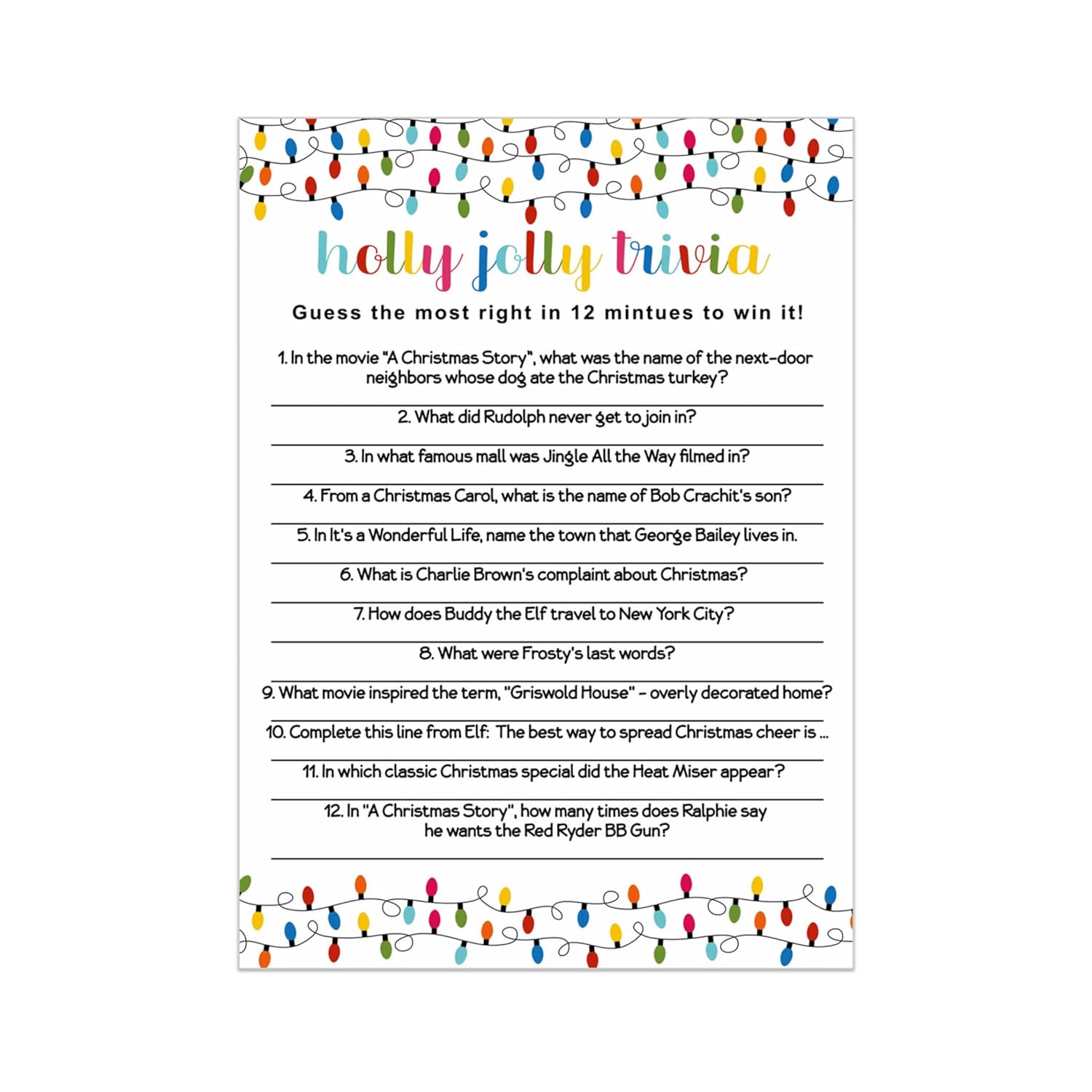 Festive Lights Christmas Trivia Party Games For Adults, Groups, Thanksgiving, Office, Holiday Movie And Song Activity, Colorful Xmas, 25 Pack, 5X7 Cards, Version 3
