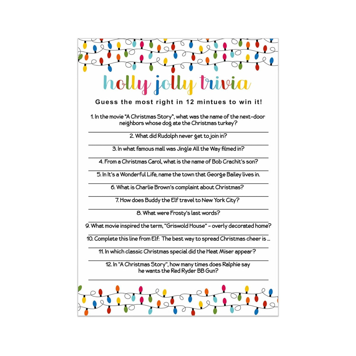 Festive Lights Christmas Trivia Party Games For Adults, Groups, Thanksgiving, Office, Holiday Movie And Song Activity, Colorful Xmas, 25 Pack, 5X7 Cards, Version 3