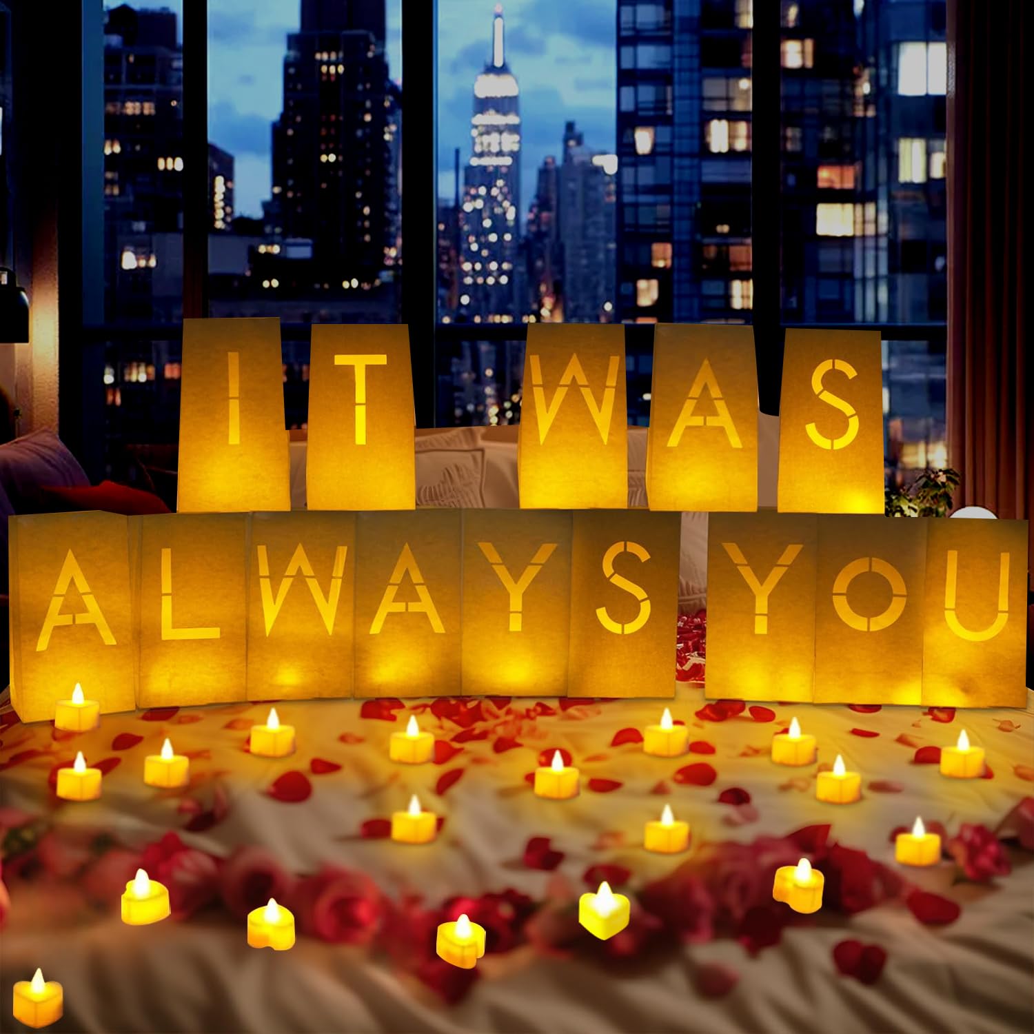 Valentine'S Day Decorations-It Was Always You Light Up Letters Luminary Bags, Special Night Romantic Decoration With Bright Led Candles And Fake Rose Petals, Happy Anniversary, Proposal Decoration