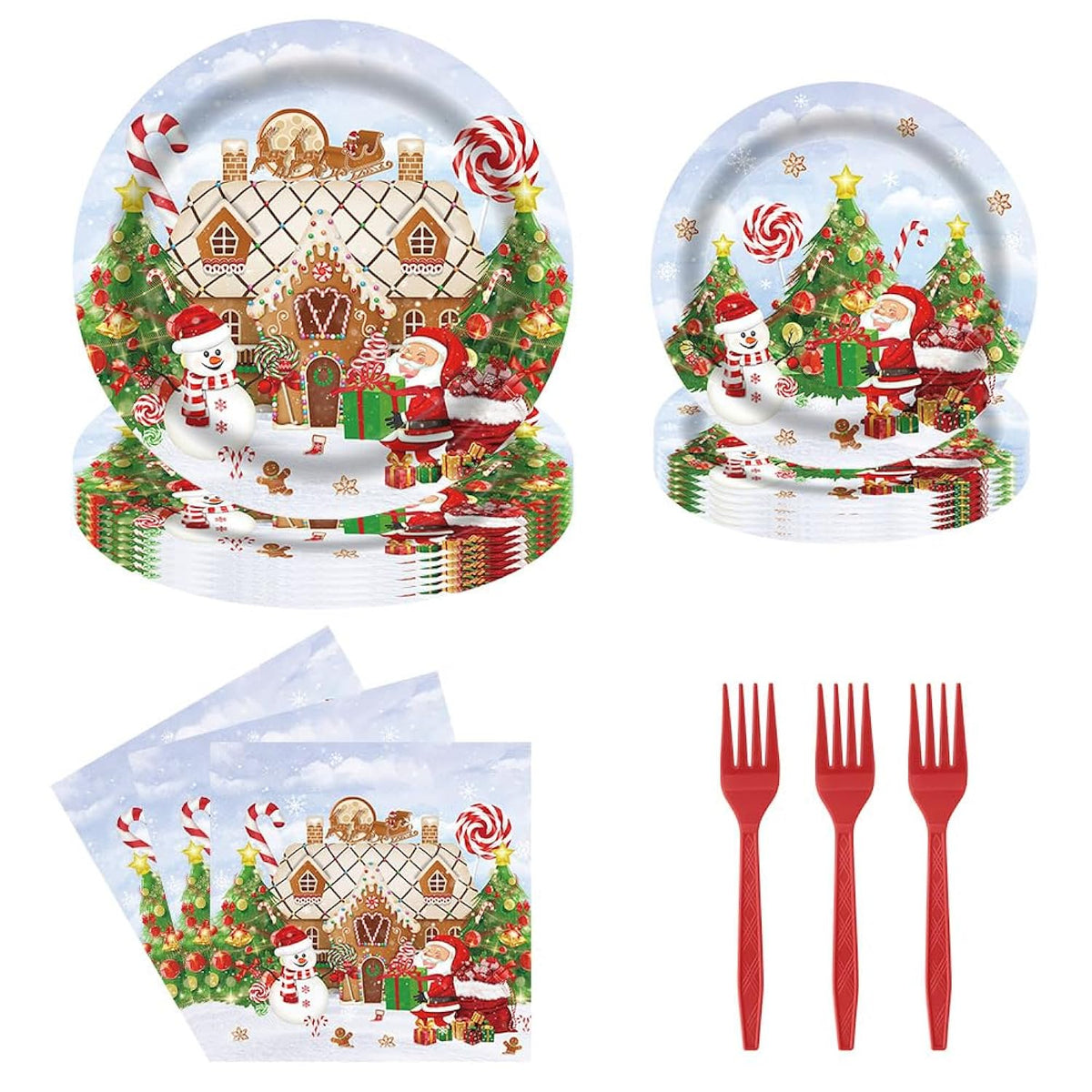 Christmas Santa Claus Gingerbread House Snowman Tableware Set 96 Pcs Disposable Plates Napkins Forks Winter Xmas Happy Birthday Merry Christmas Party Decorations Serve 24 Guests
