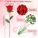 10 Pcs Valentine'S Day Red Crochet Roses Bouquet, Handmade Knitted Flowers, Forever Artificial Roses Gift For Women Wife Mother Friend