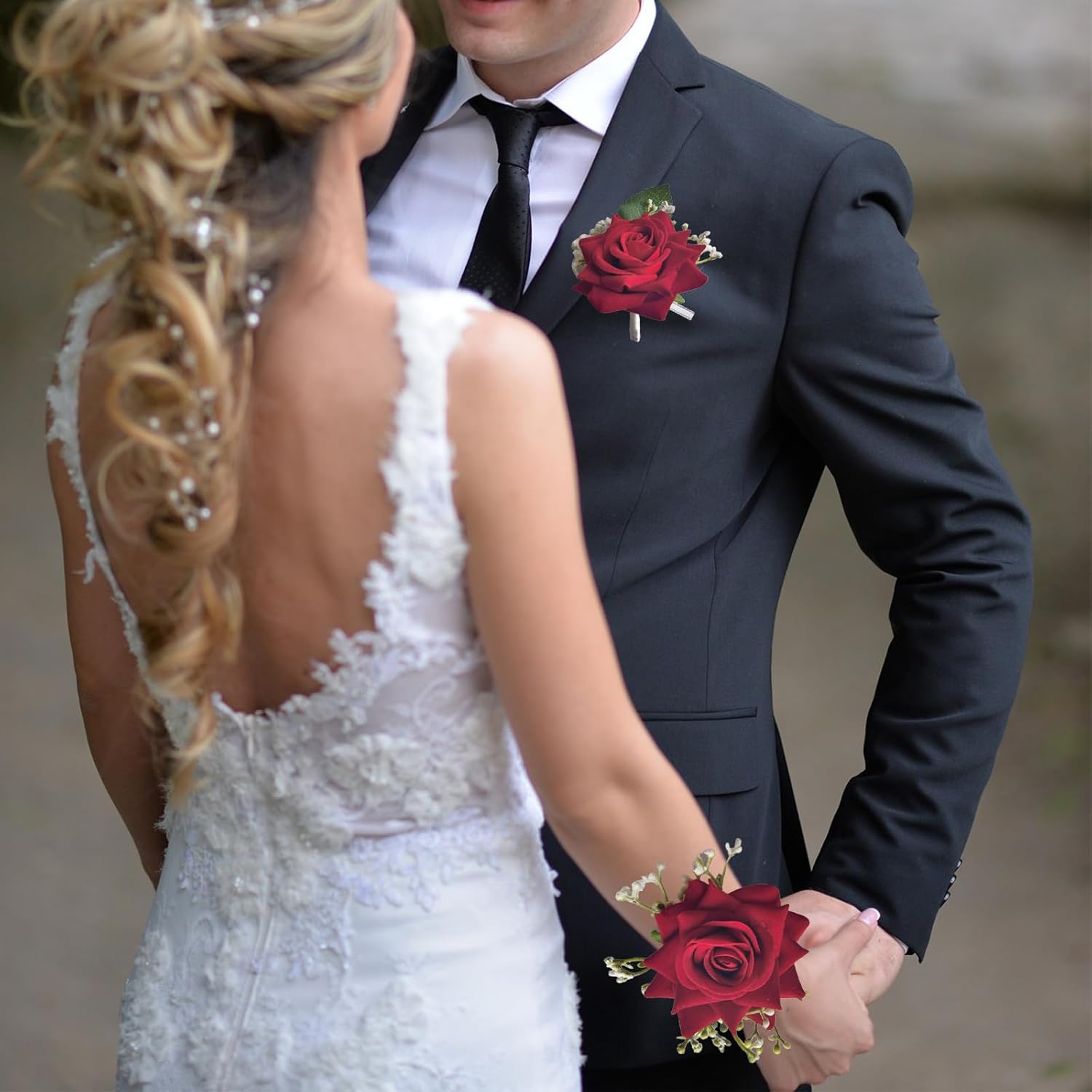 Corsage And Boutonniere Set Artificial Flower Wrist Corsage And Boutonniere For Men Groom Groomsmen Bride Bridesmaids,Wedding Prom Suit Decorations (1, Red)
