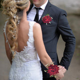 Corsage And Boutonniere Set Artificial Flower Wrist Corsage And Boutonniere For Men Groom Groomsmen Bride Bridesmaids,Wedding Prom Suit Decorations (1, Red)