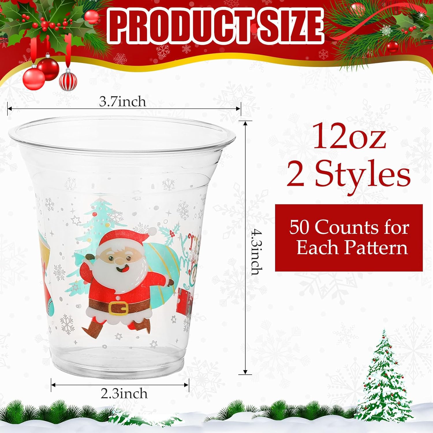 100 Pcs 12Oz Christmas Cups Disposable Plastic Cups Santa Christmas Tree Wreath Clear Drinking Cup Drinkware Party Decorations Party Supply For Beer Beverage Snacks Ice Cream