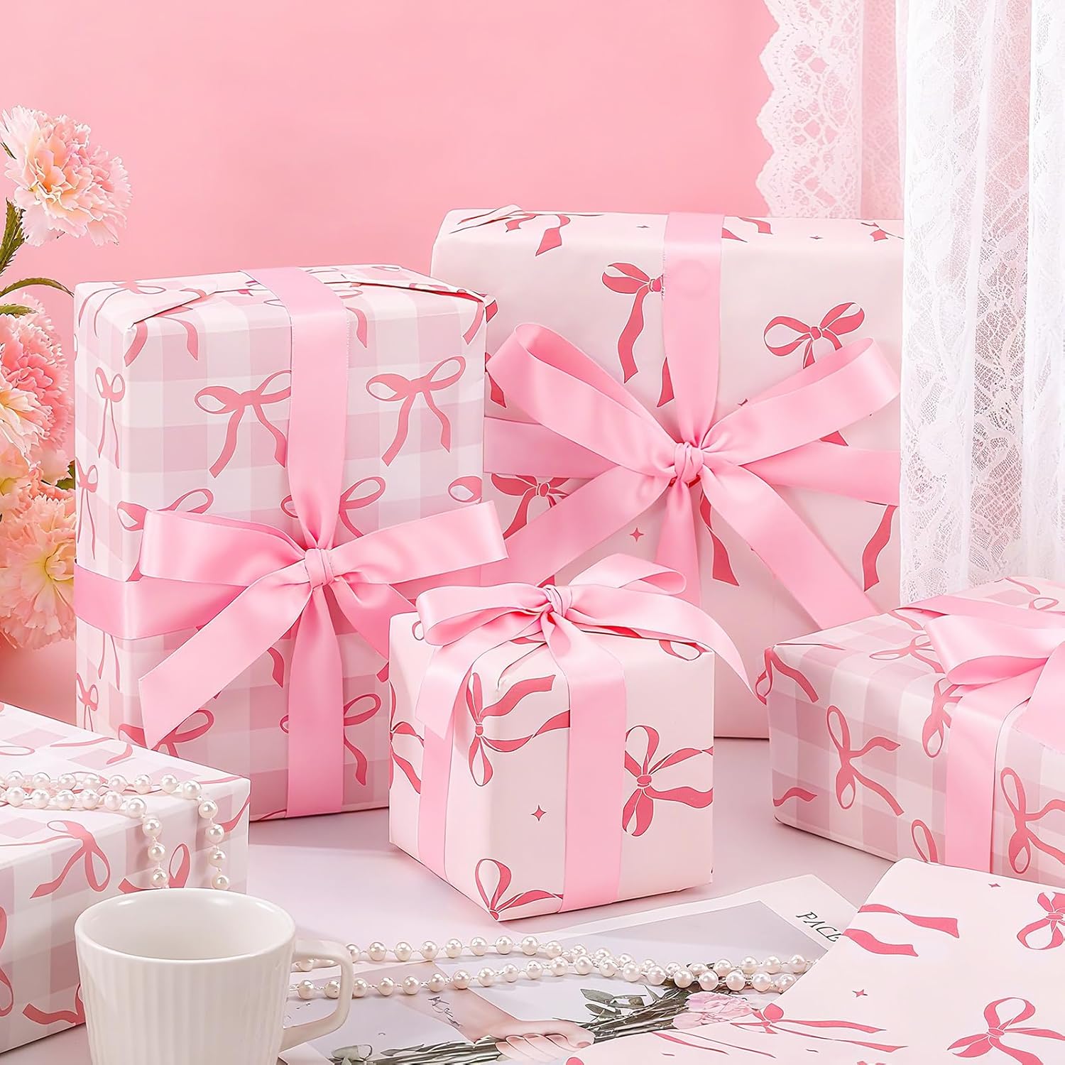 Pink Bow Wrapping Paper 2 Rolls - 17X16.5 Ft Each - Kraft Gift Wrap Supplies Decorations For Valentine'S, Girls Birthday, Christmas, Wedding, Baby Shower, 2 Design