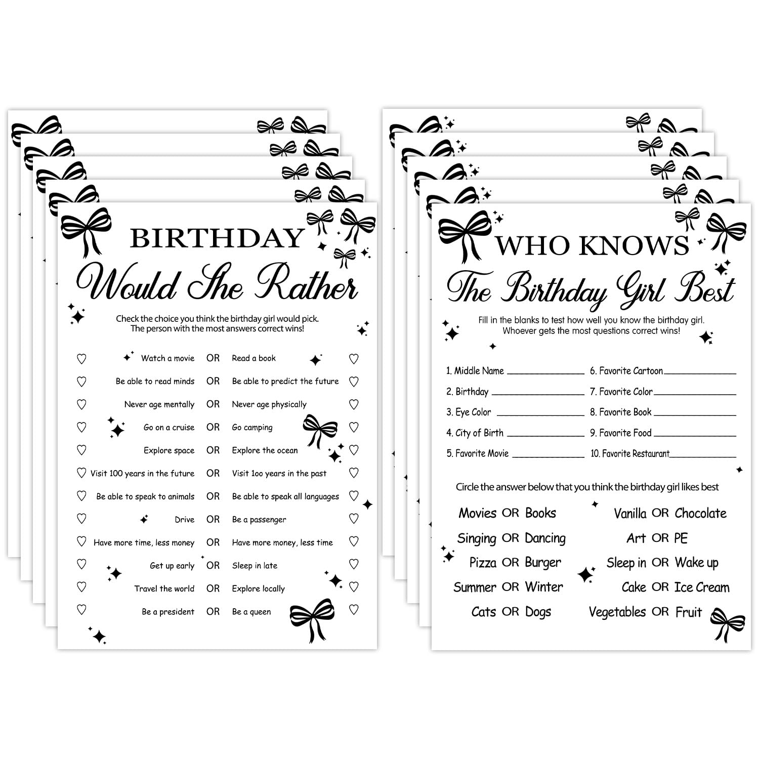 Who Knows The Birthday Girl Best - Birthday Party Games, Black Bow Themed Sleepover Slumber Party Supplies, Funny Game Cards For Girls Her Sleepover Parties