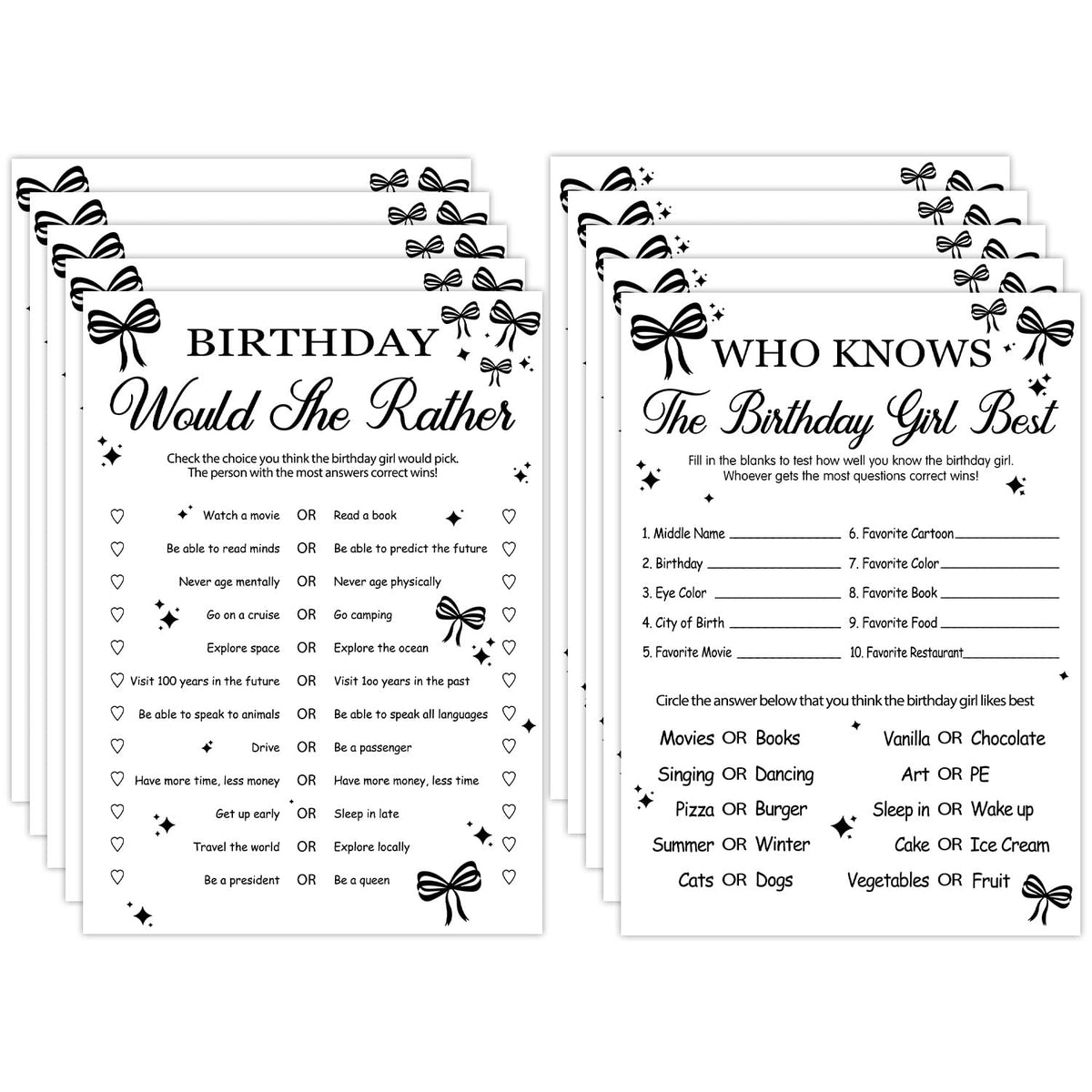 Who Knows The Birthday Girl Best - Birthday Party Games, Black Bow Themed Sleepover Slumber Party Supplies, Funny Game Cards For Girls Her Sleepover Parties