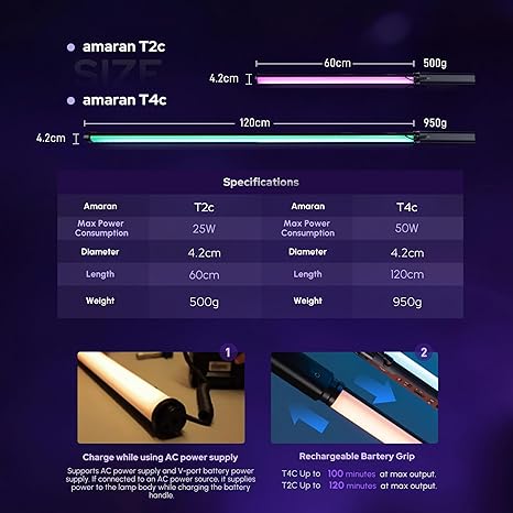Amaran T2C RGBWW LED Tube Light 23.6 Inch 20W App DMX Control Studio Video Light