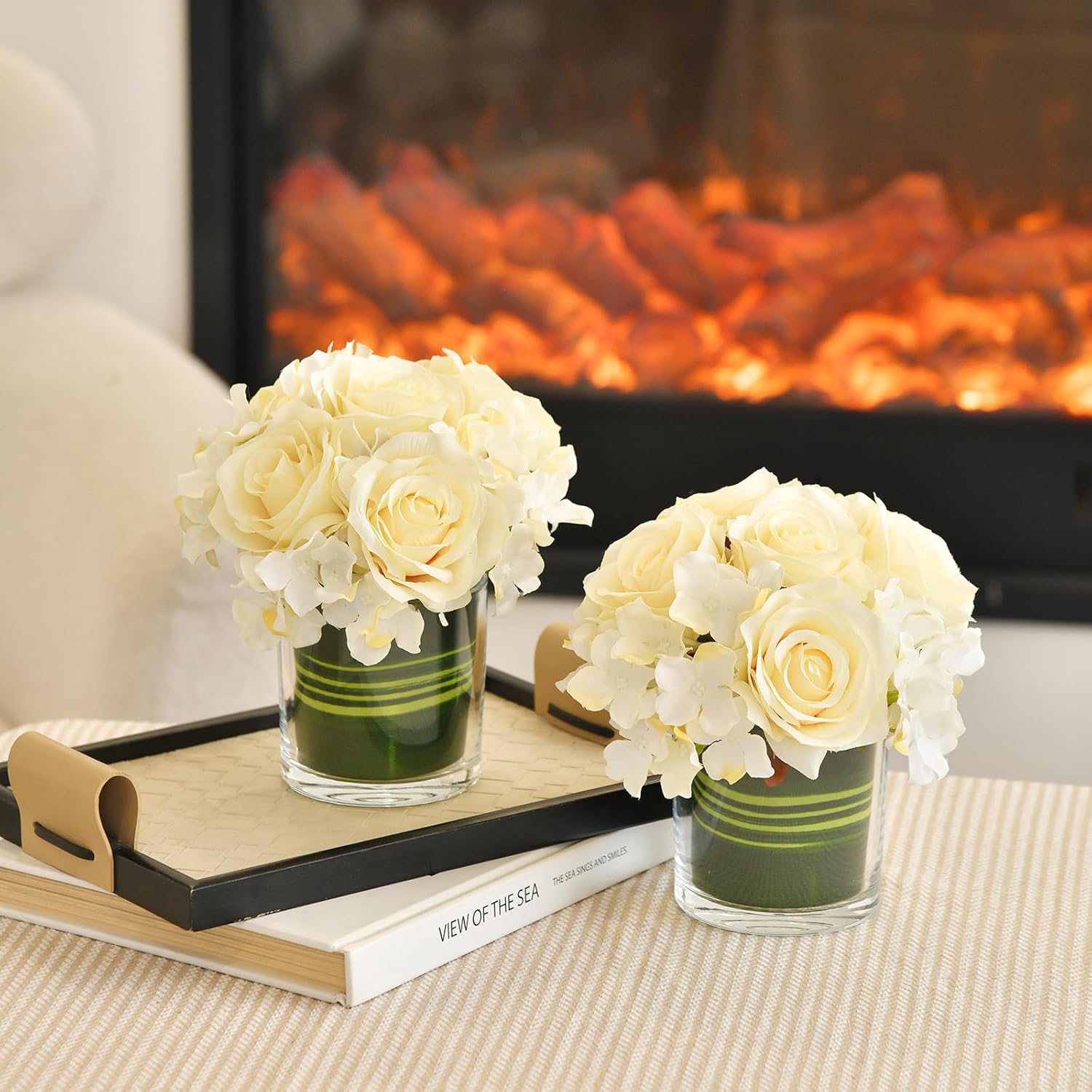 Artificial Rose And Hydrangea Silk Flower Centerpieces Faux Floral Arrangement In Glass Vase For Home Wedding Table Decoration (Champagne)
