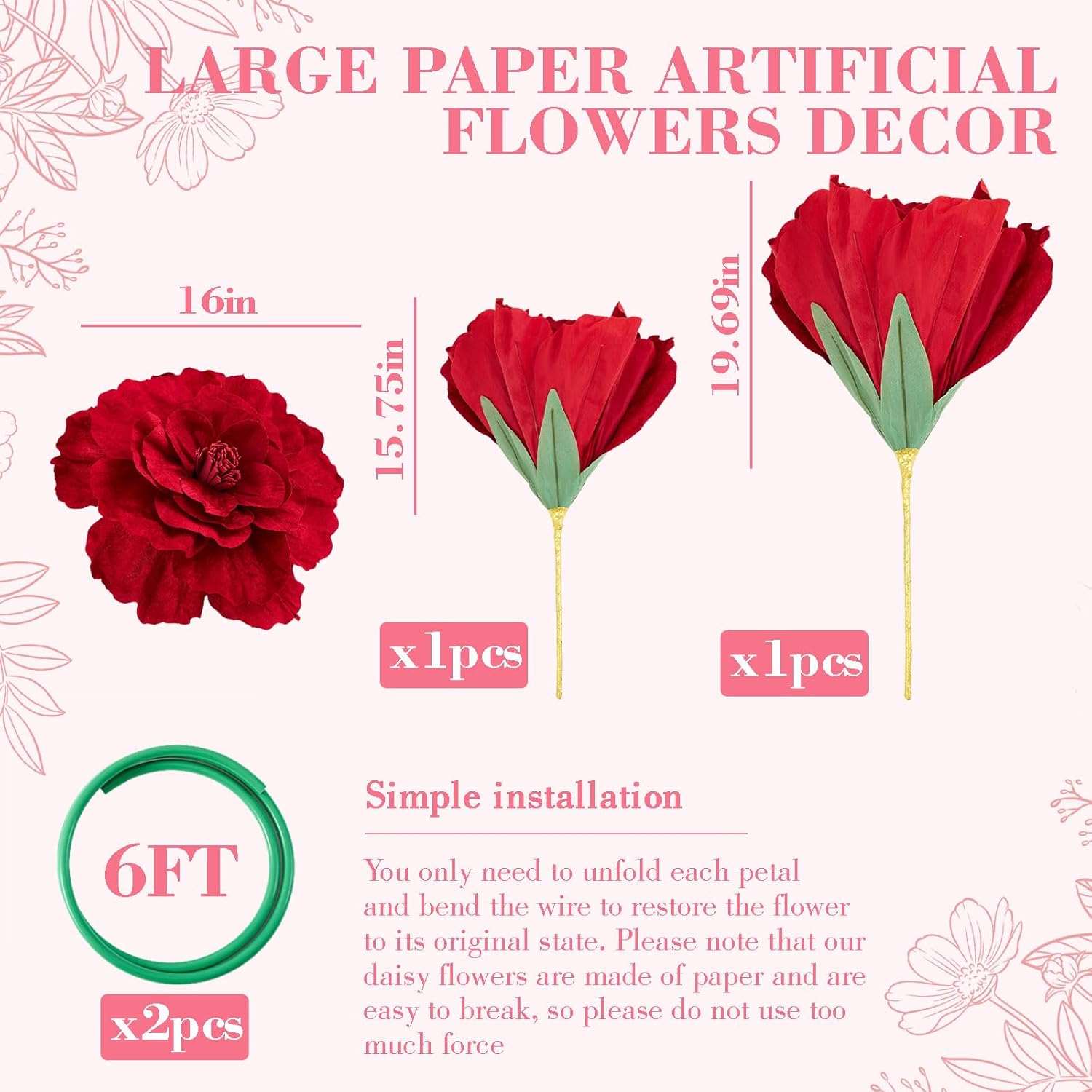 2 Pcs 5 Ft Large Rose Flowers Giant Artificial Roses Valentine Standing Huge Handcrafted Flowers For Window Reception Banquet Ceremony Floral Decor Garden Hotel Office Birthday Wedding Party