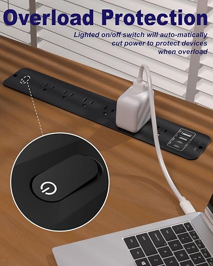 Flush Mount Desk Power Strip 10 Outlets 2 USB-A 2 USB-C 6FT Cord