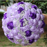 7.1" Handmade Satin Rose Bridal Bouquet Toss Round Wedding Bouquet Throw Toss Artificial Flower Bunch Light Purple + Purple