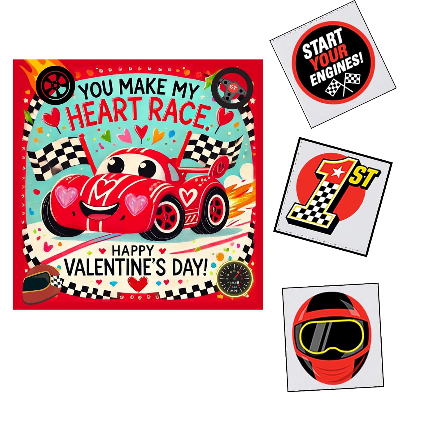 Race Car Valentine Cards With Tattoos For Kids, 24 Pack, Classroom Exchange Set