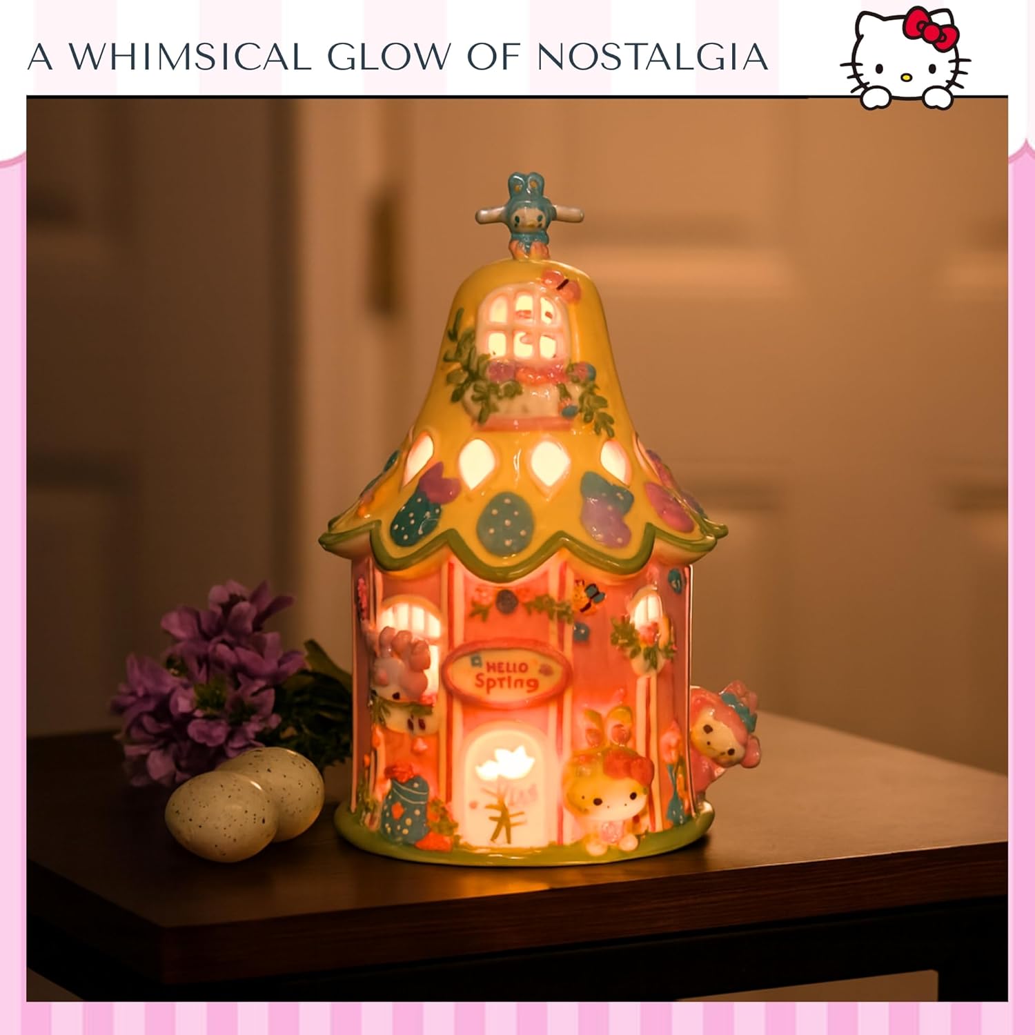 Blue Sky Clayworks Hello Kitty and Friends Easter Candle House, Ceramic, 6.25" L x 5.5" W x 9" H, Spring Windows Glow